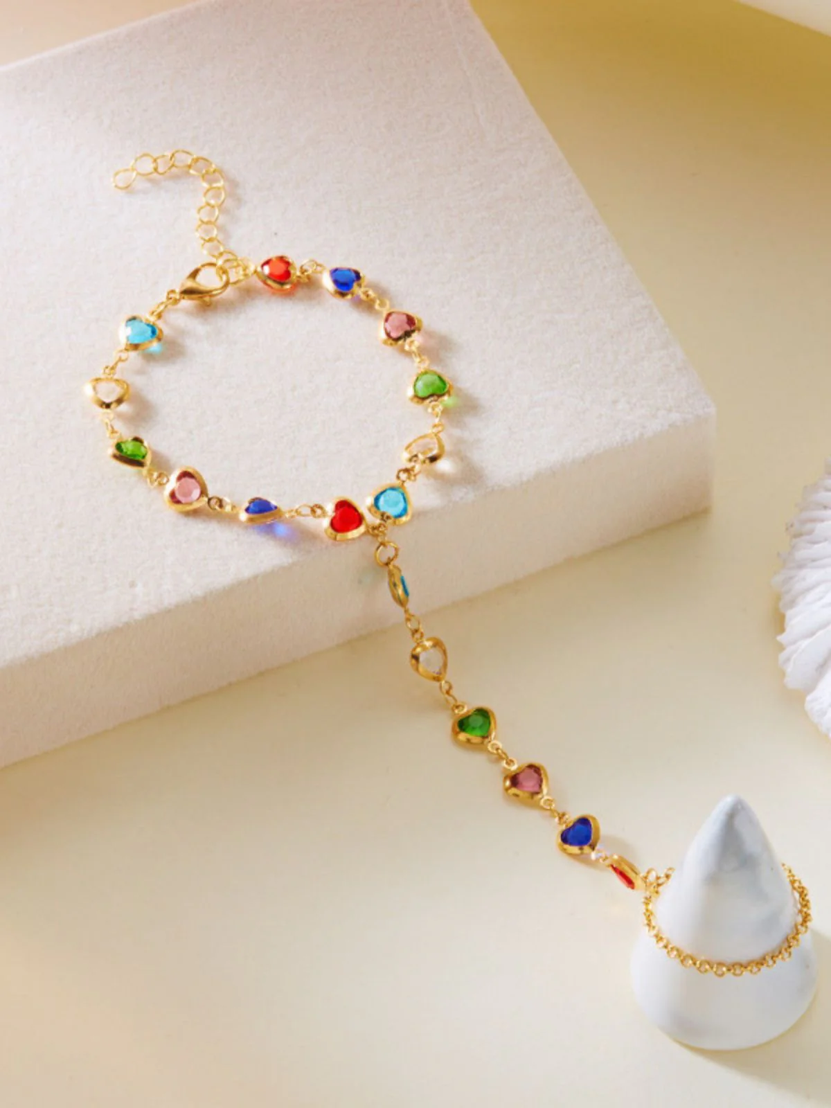 Multicolor Heart-Shape Rhinestone Hand-to-Finger Bracelet - Image 3