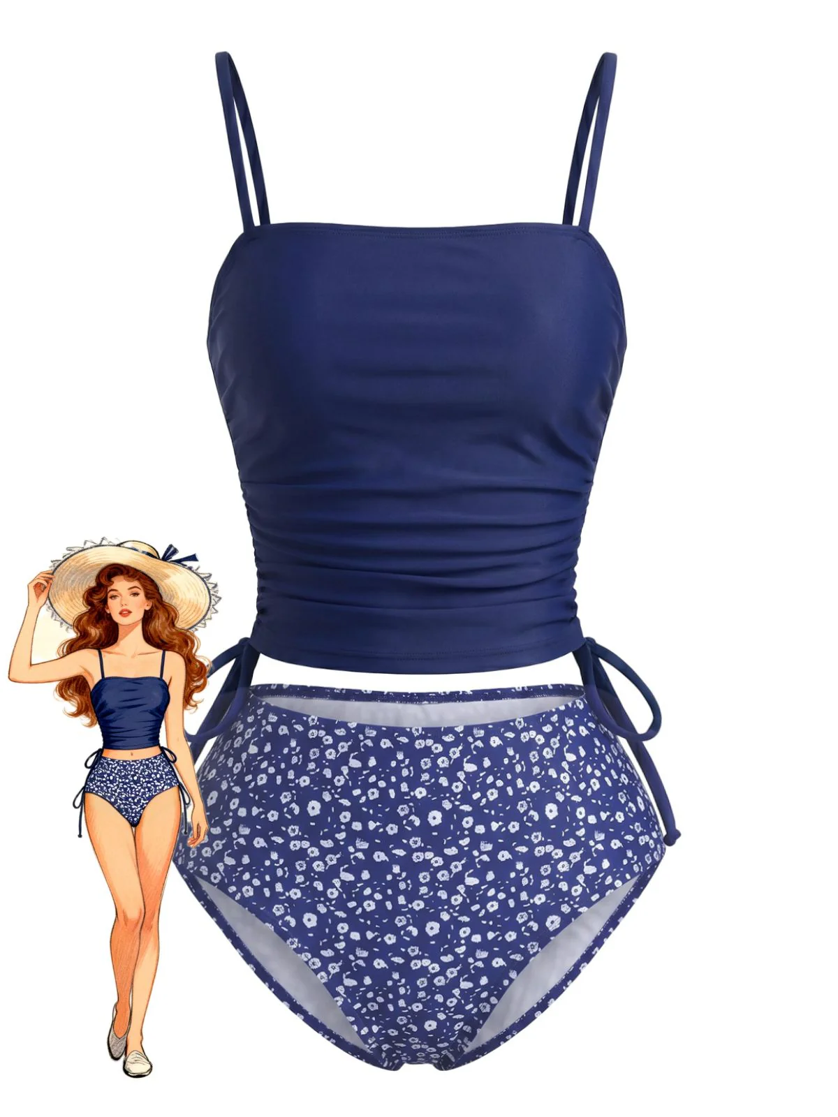 Navy Blue 1950s Floral Drawstring Waist Tankini Set