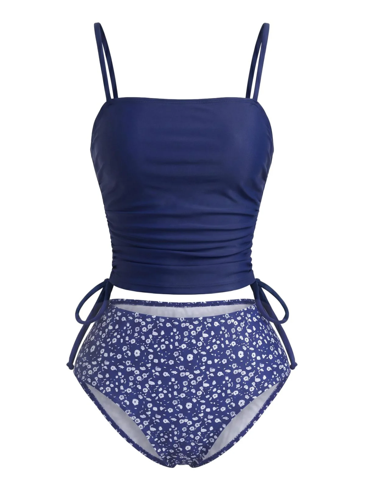 Navy Blue 1950s Floral Drawstring Waist Tankini Set - Image 2