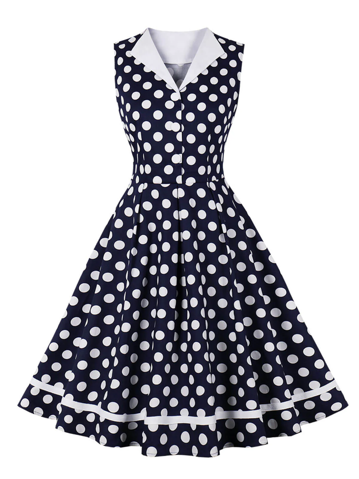 Navy Blue 1950s Polka Dots Lapel Dress