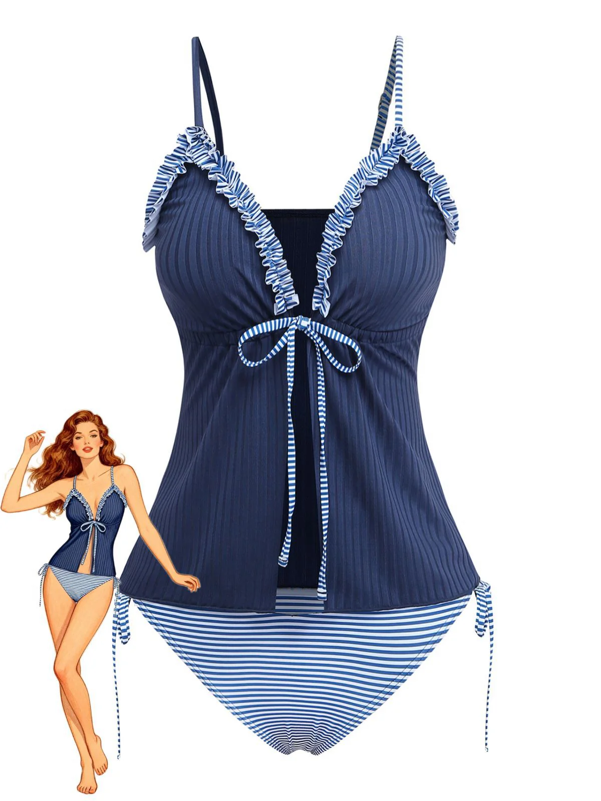 Navy Blue 1950s Ruffled Striped Tie Front Tankini Set