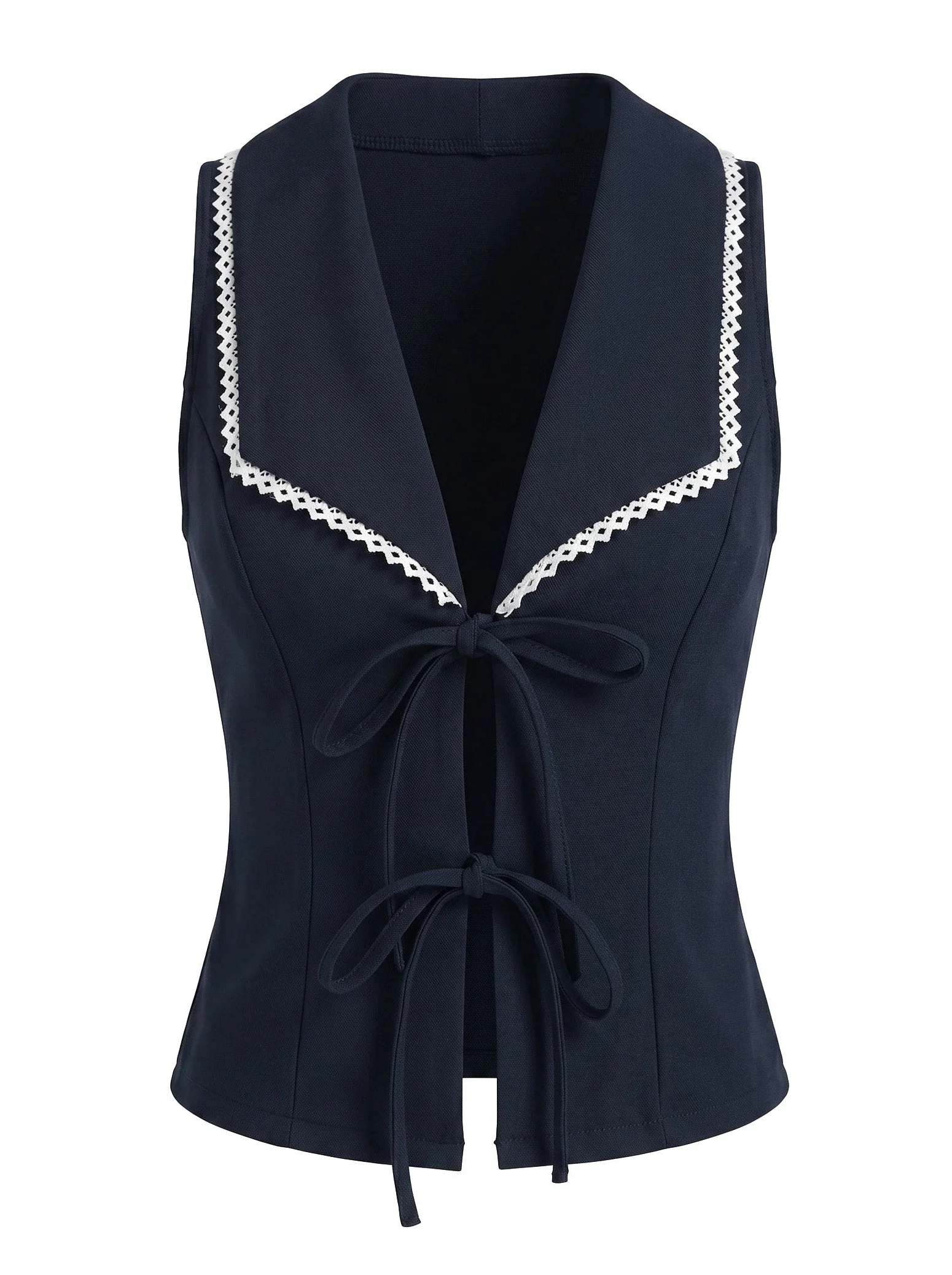 Navy Blue 1950s Sailor Collar Sleeveless Lace Trim Vest