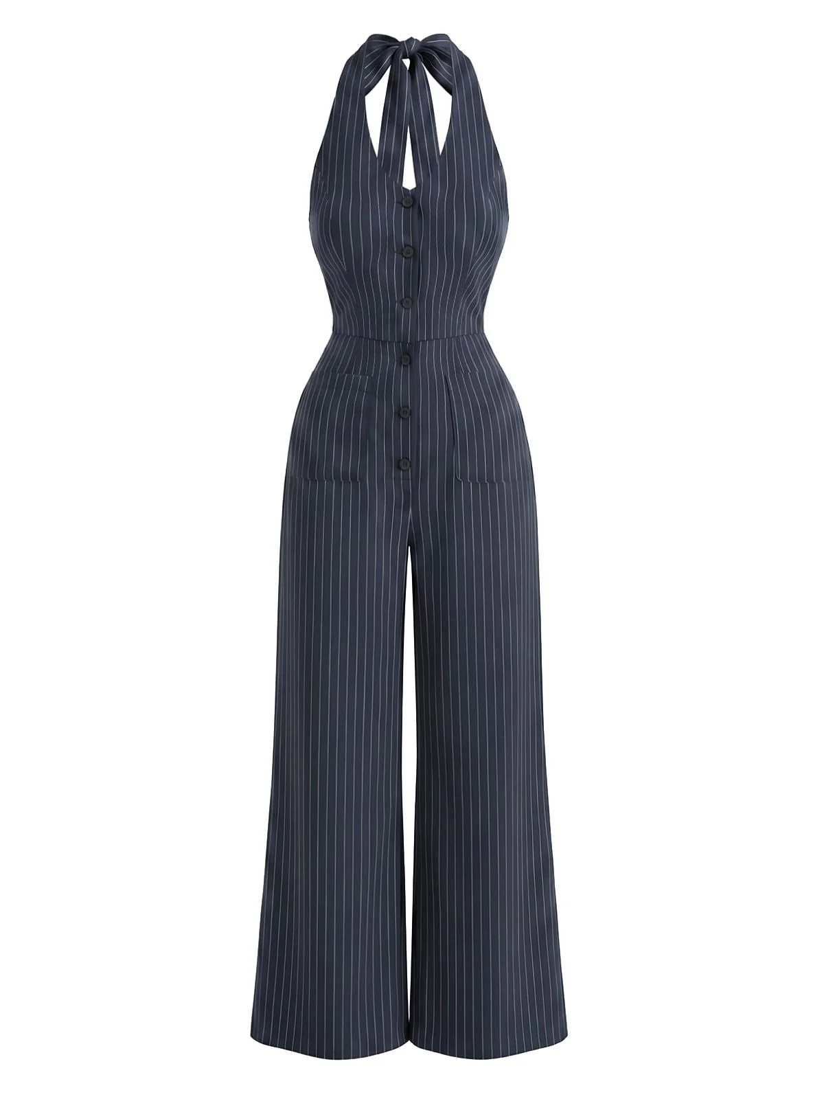 Navy Blue 1950s Striped Halter Wide Leg Jumpsuit - Image 2