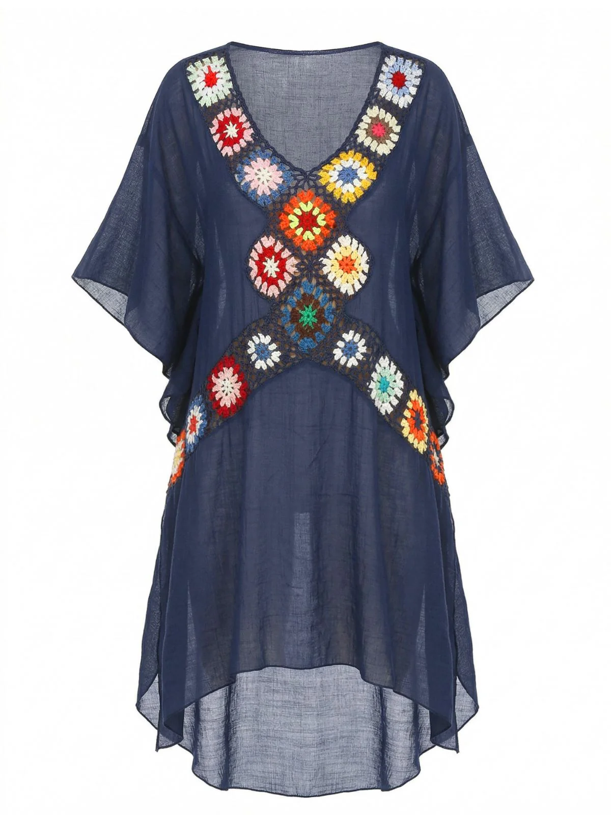 Navy Blue 1970s Boho Crochet Granny Square Cover-up