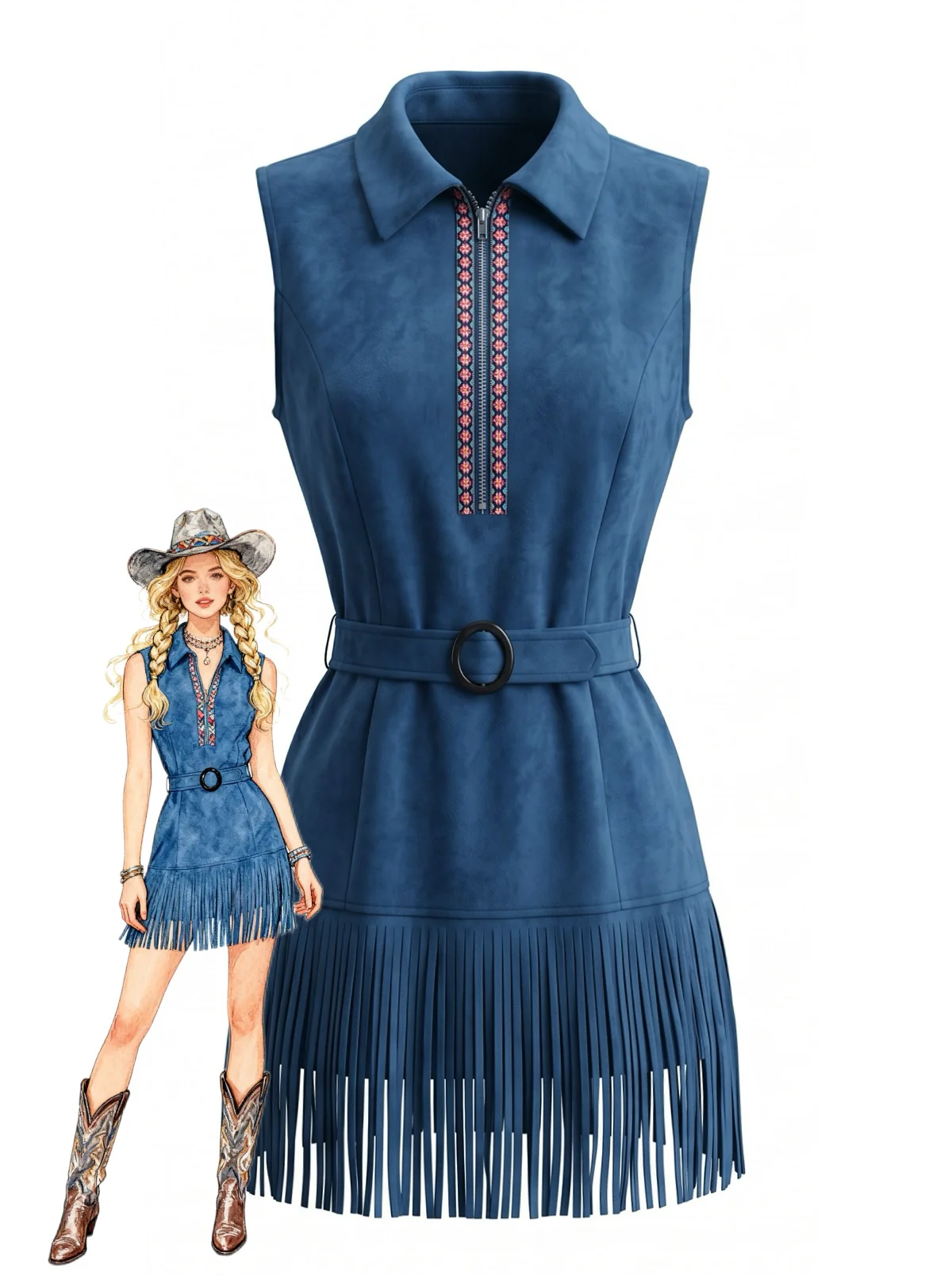 Navy Blue 1970s Faux Suede Western Fringe Belted Dress