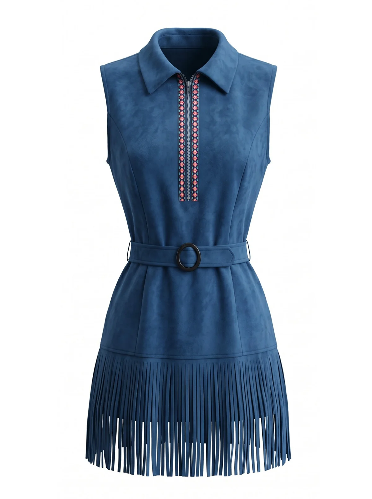 Navy Blue 1970s Faux Suede Western Fringe Belted Dress - Image 2
