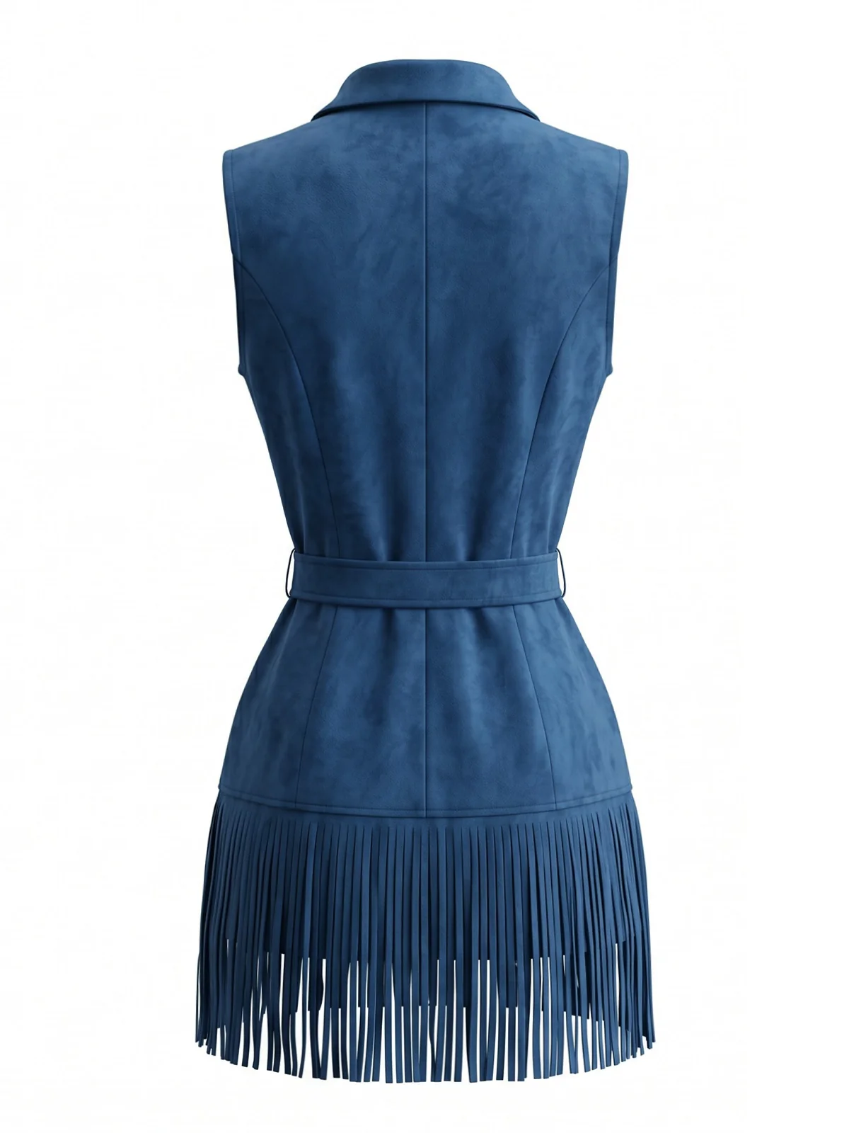 Navy Blue 1970s Faux Suede Western Fringe Belted Dress - Image 3