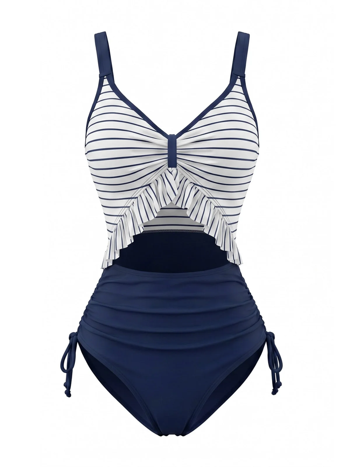 Navy Blue 1980s Nautical Striped Ruffle Drawstring One Piece Swimsuit