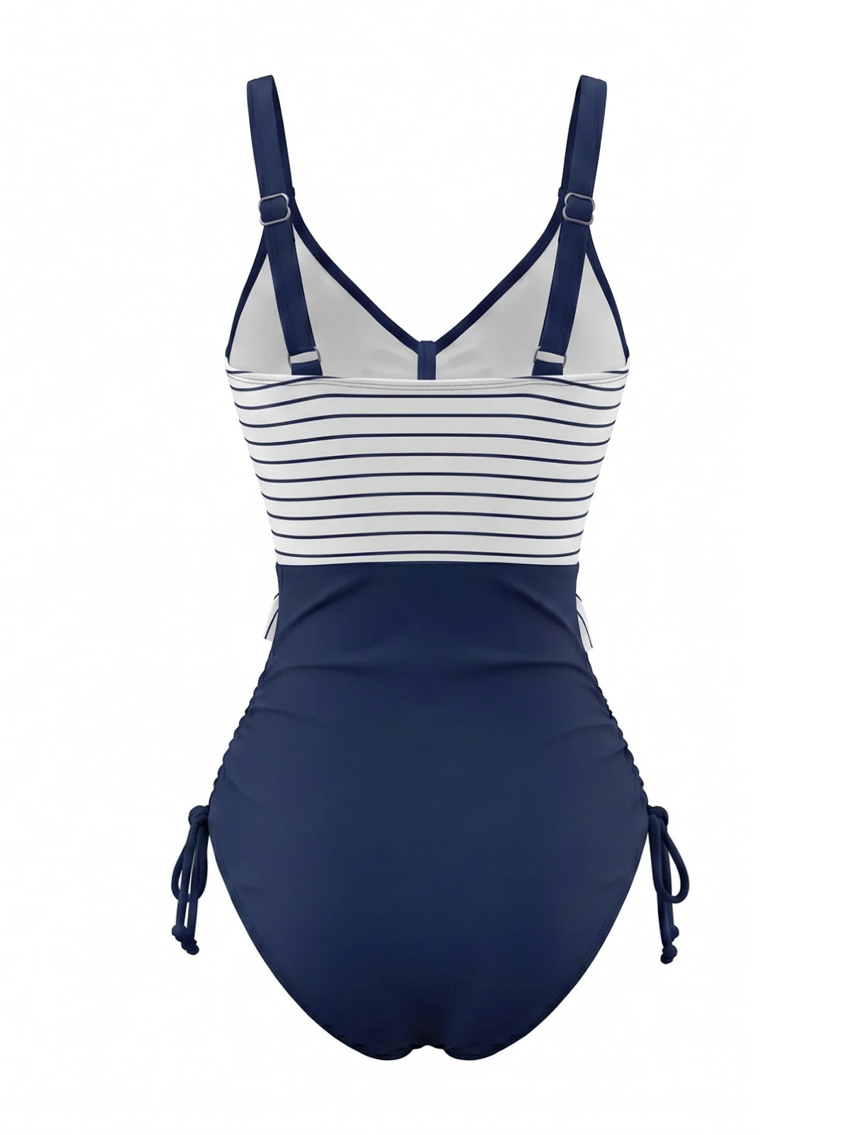 Navy Blue 1980s Nautical Striped Ruffle Drawstring One Piece Swimsuit - Image 2