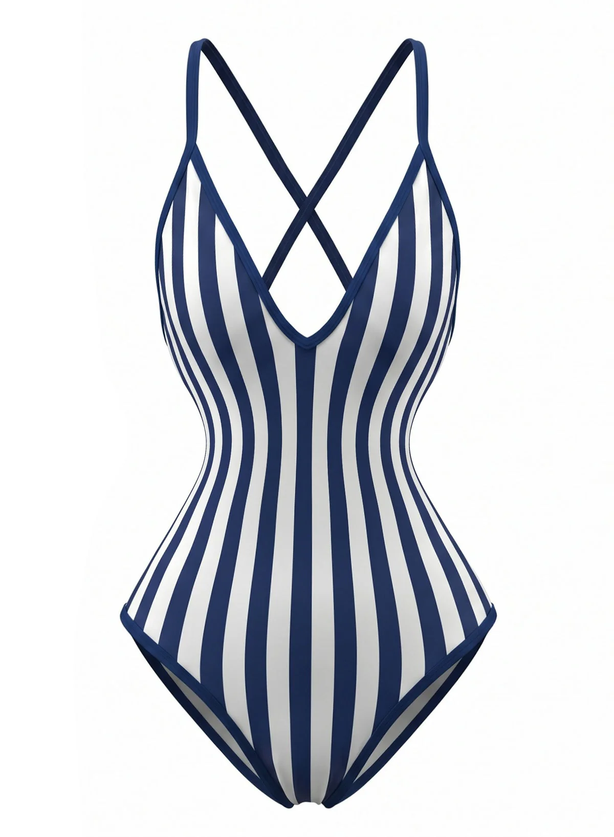 Navy Blue 1980s Stripe Criss Cross One-Piece Swimsuit