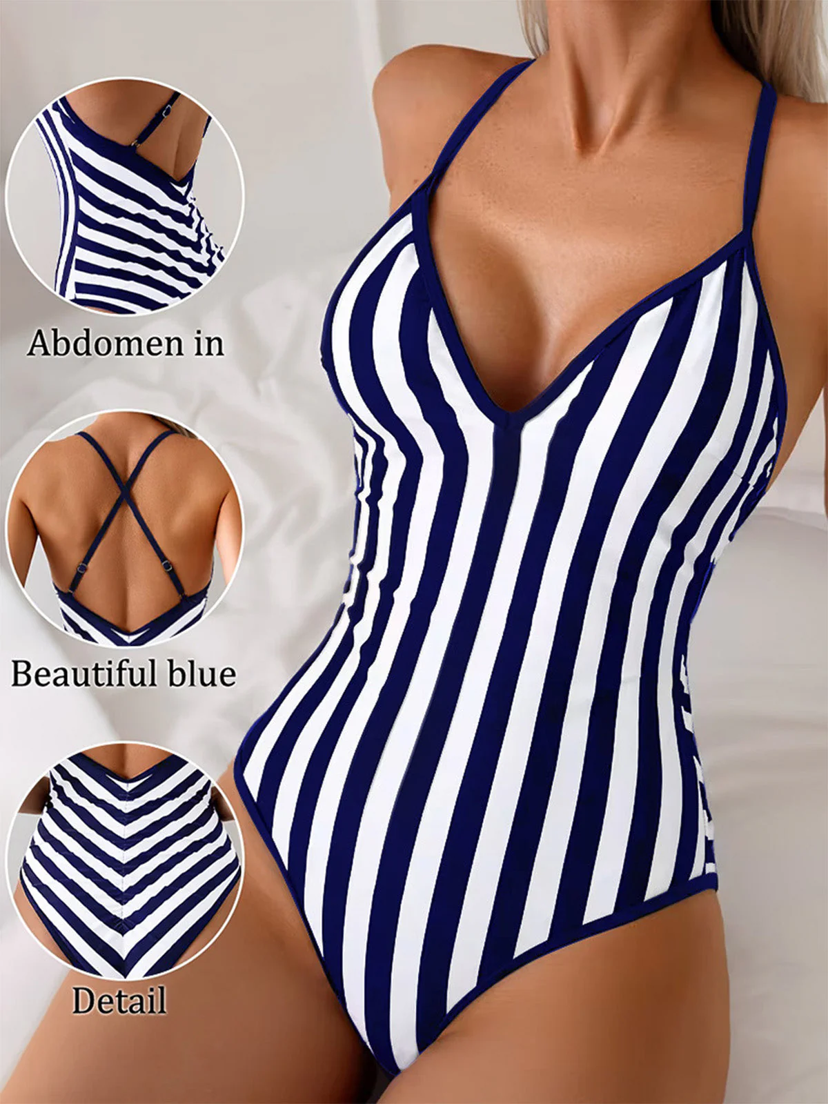 Navy Blue 1980s Stripe Criss Cross One-Piece Swimsuit - Image 4