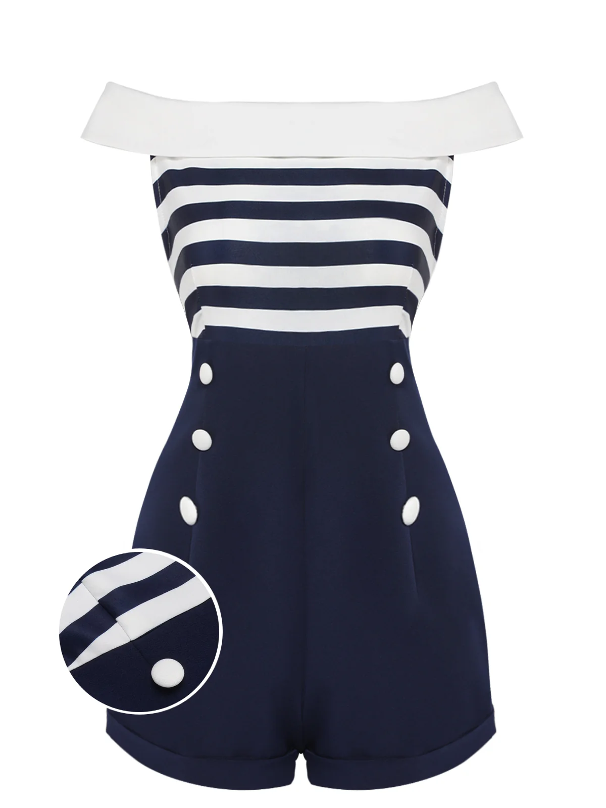 [Pre-Sale] Navy Blue 1950s Patchwork Off-shoulder Striped Romper