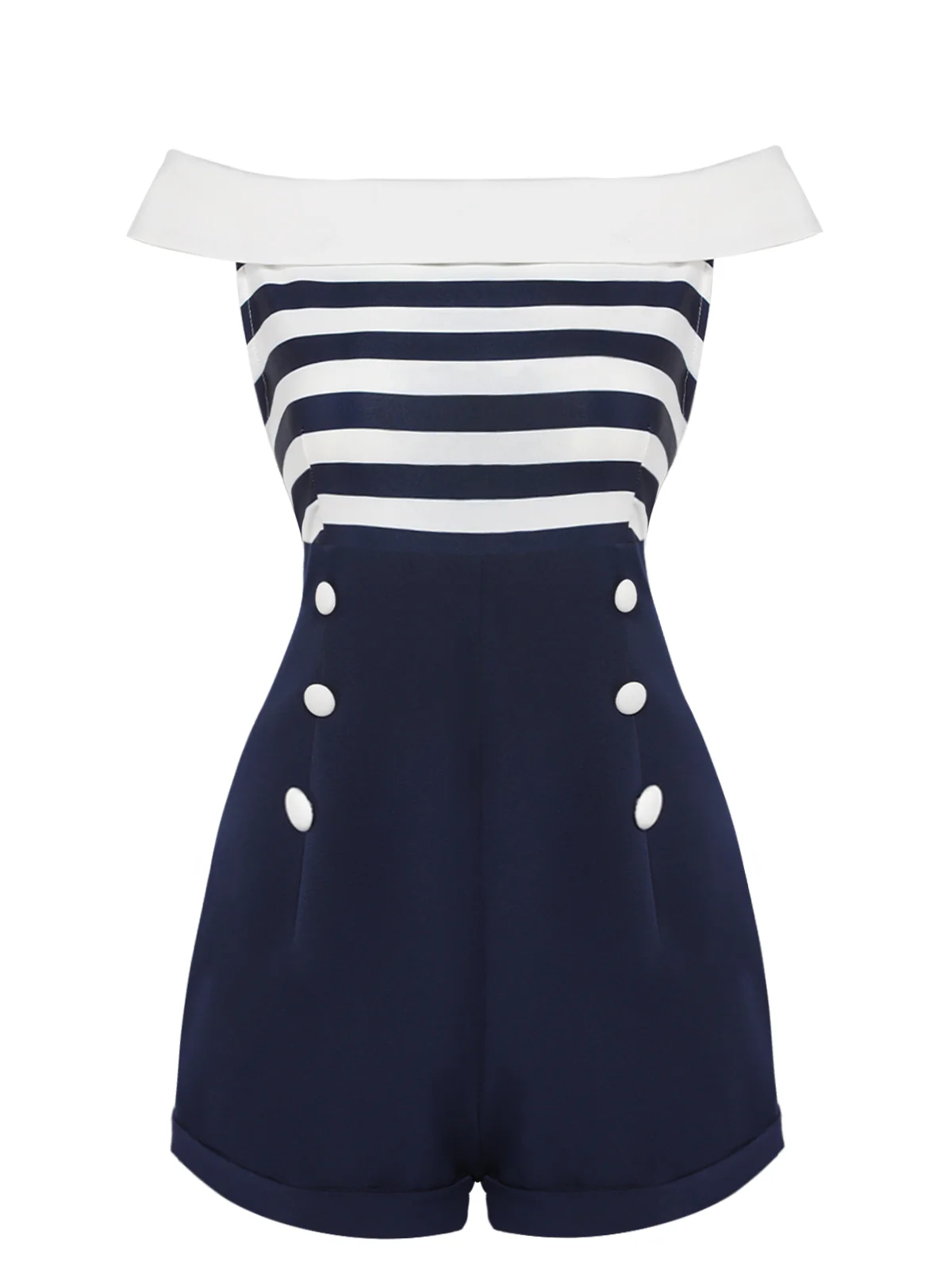 [Pre-Sale] Navy Blue 1950s Patchwork Off-shoulder Striped Romper - Image 2