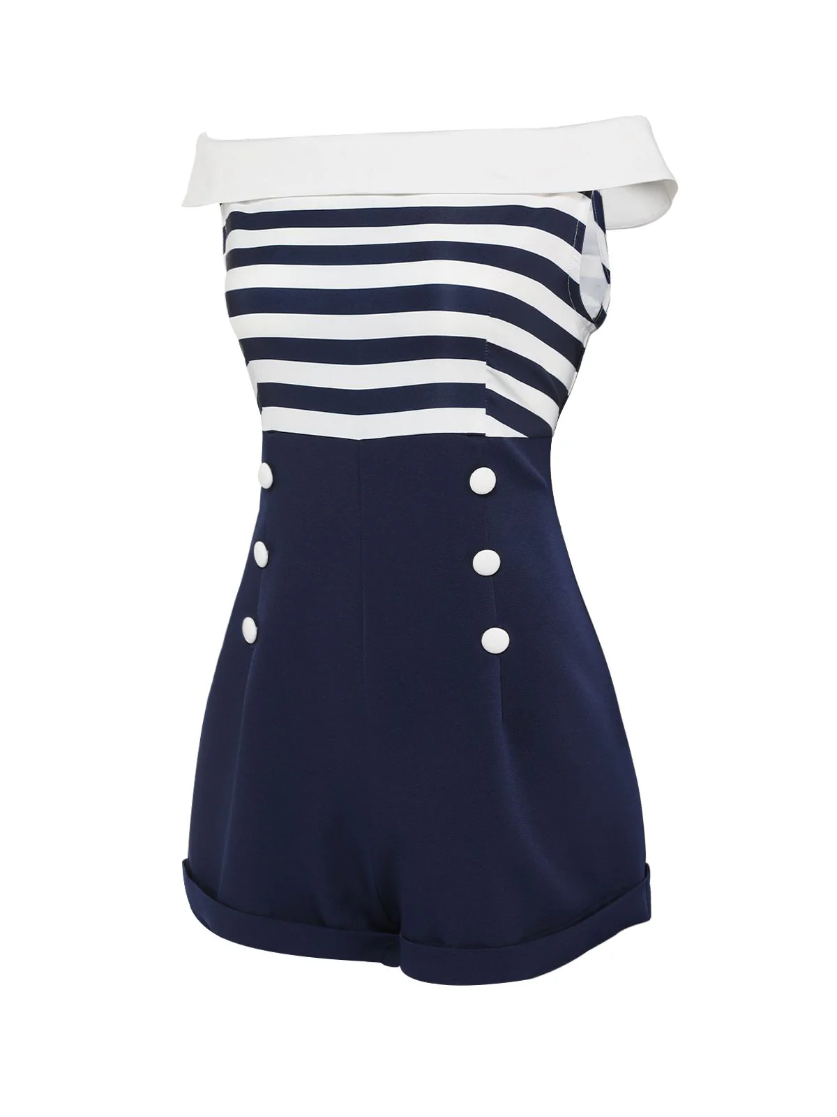 [Pre-Sale] Navy Blue 1950s Patchwork Off-shoulder Striped Romper - Image 3