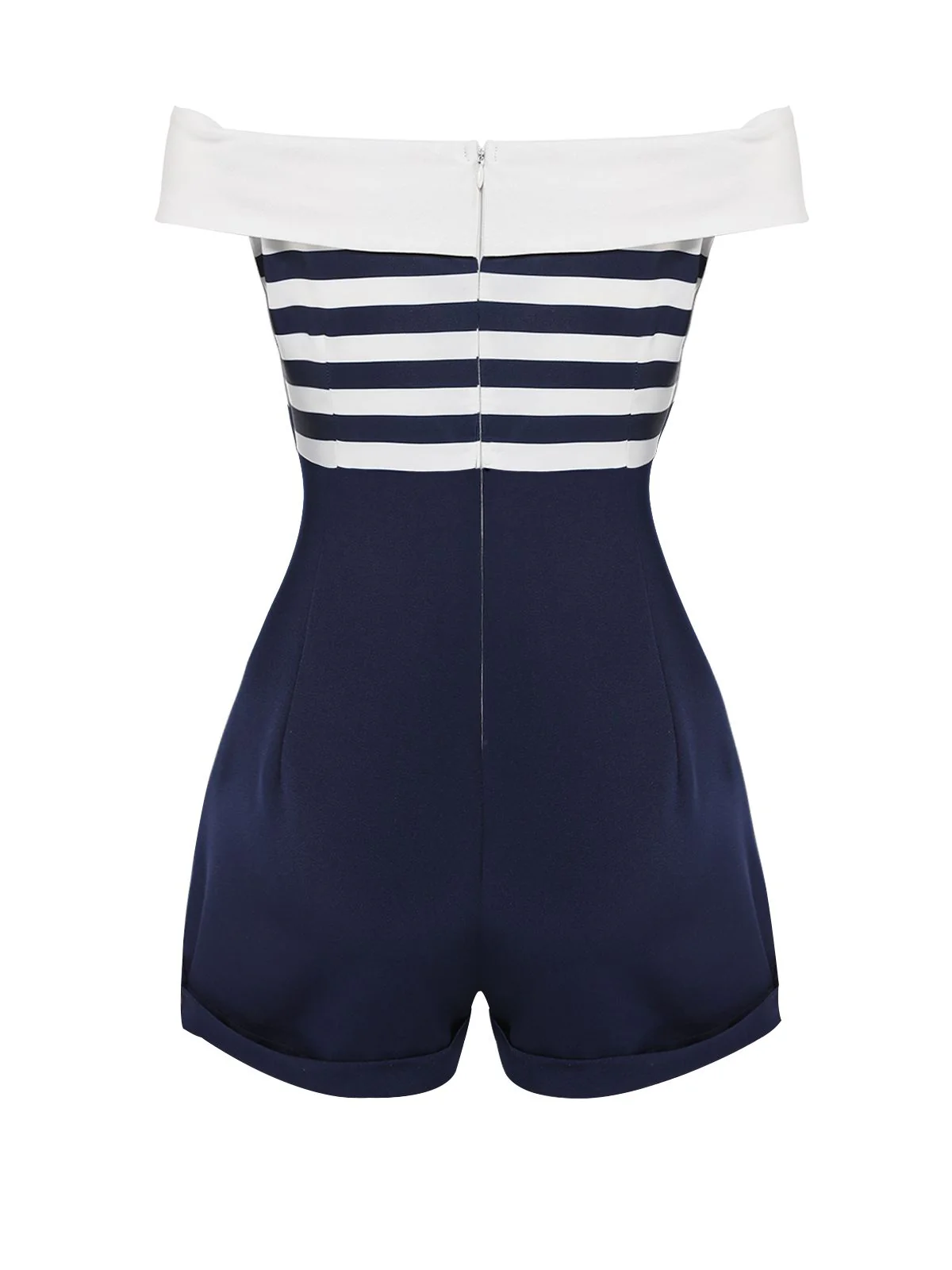[Pre-Sale] Navy Blue 1950s Patchwork Off-shoulder Striped Romper - Image 4