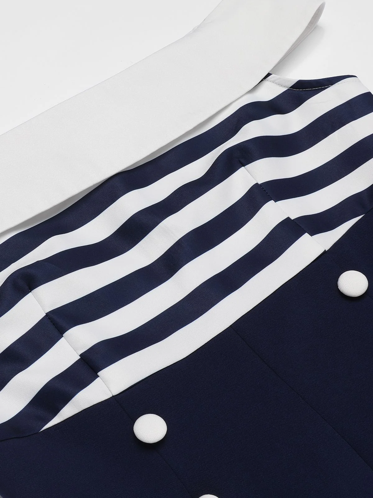 [Pre-Sale] Navy Blue 1950s Patchwork Off-shoulder Striped Romper - Image 7
