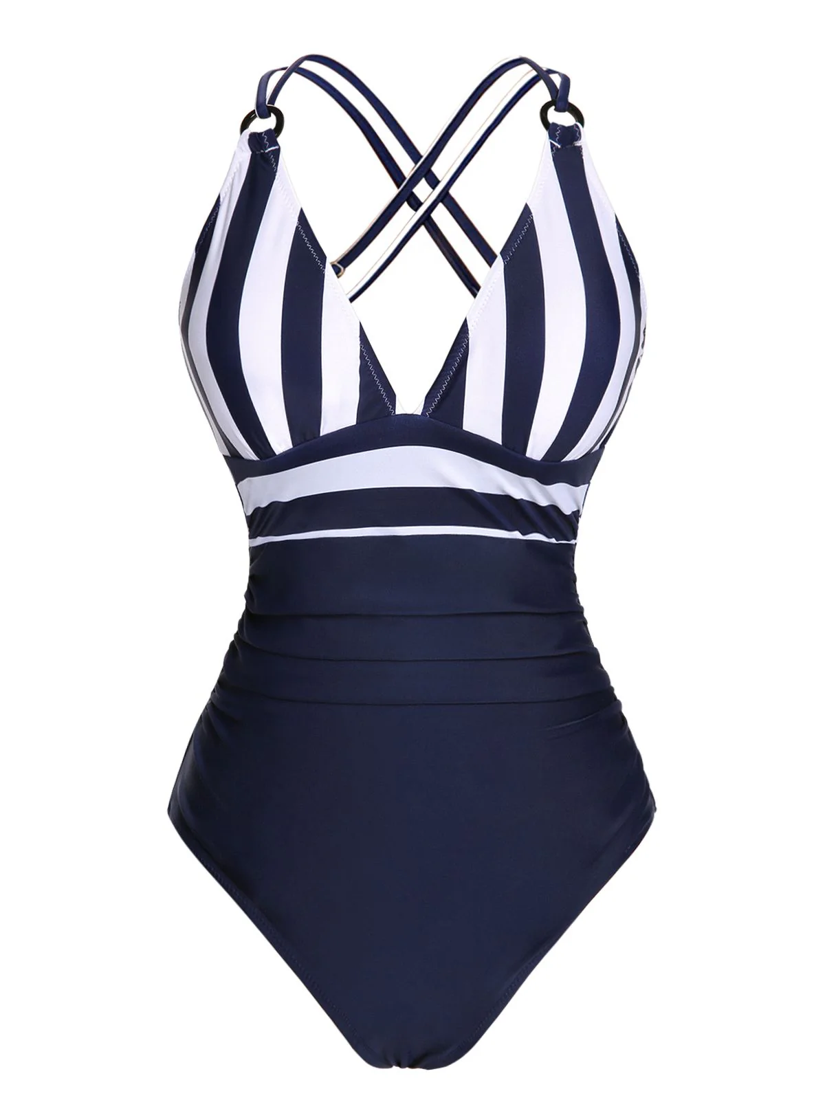 Navy Blue 1950s Stripes Strap Patchwork Swimsuit