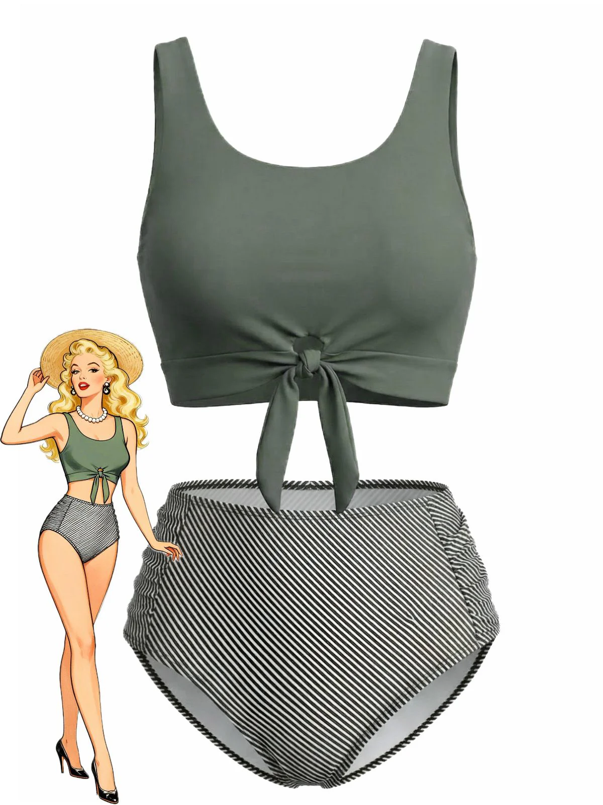 Olive Green 1940s Tie Front High-Waist Tankini Set - Image 2