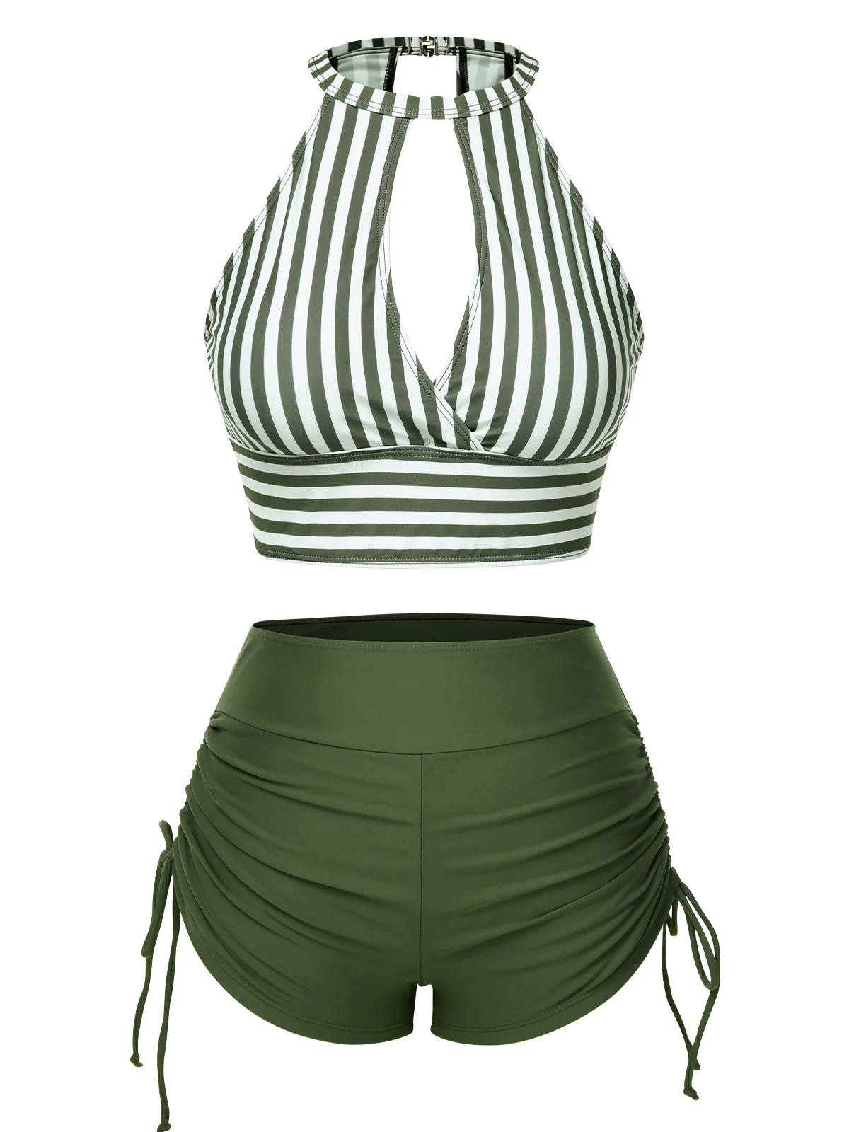 Olive Green 1950s Round Neck Halter Hollow Striped Swimsuit