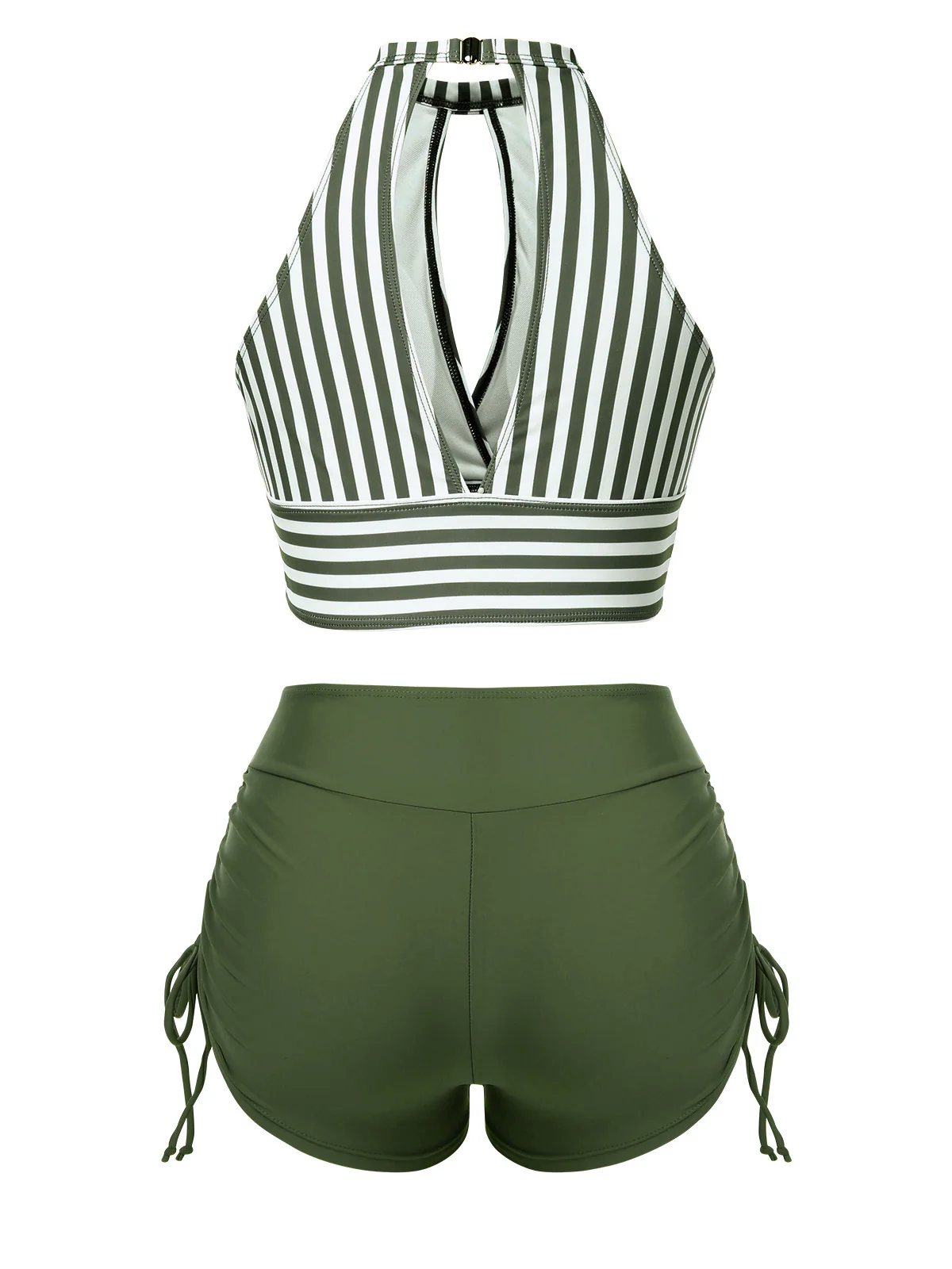 Olive Green 1950s Round Neck Halter Hollow Striped Swimsuit - Image 3