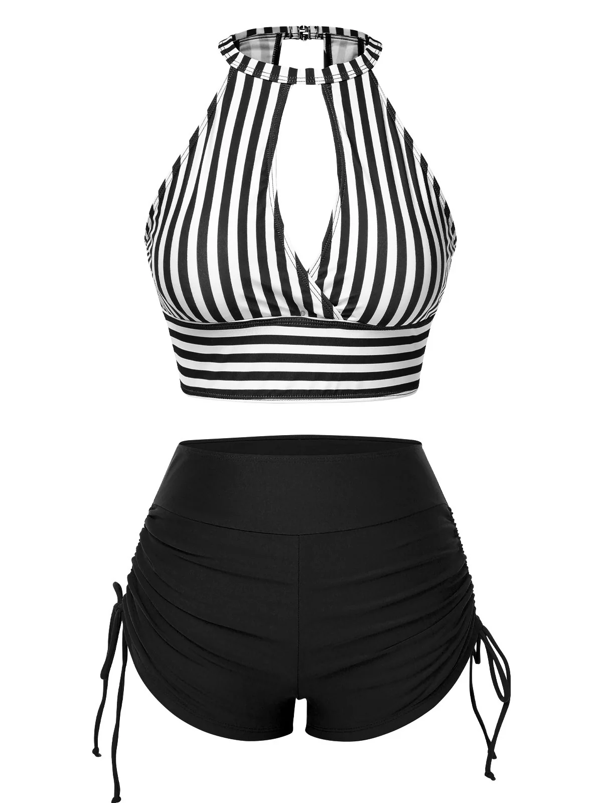 Olive Green 1950s Round Neck Halter Hollow Striped Swimsuit - Image 4
