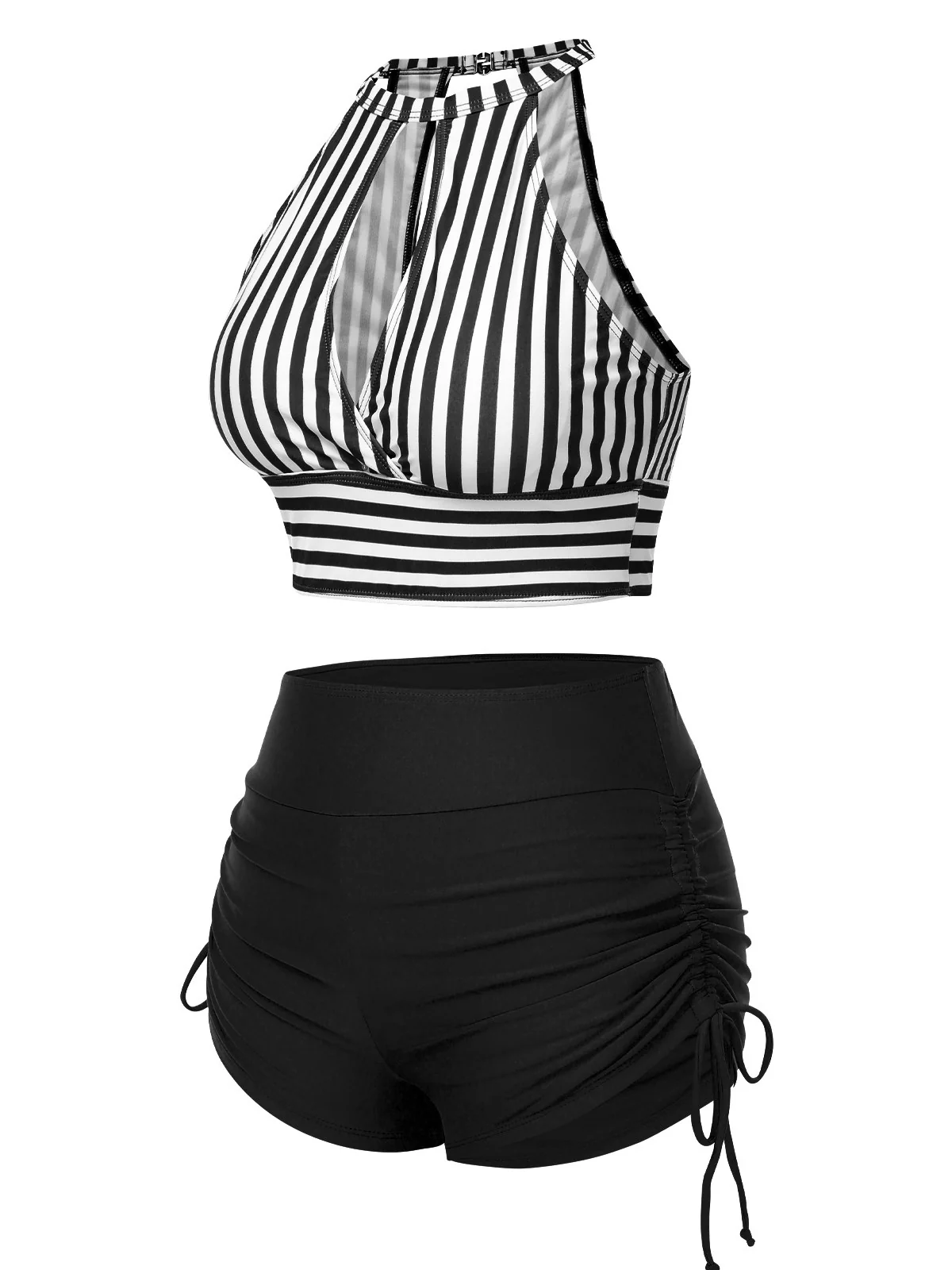 Olive Green 1950s Round Neck Halter Hollow Striped Swimsuit - Image 5