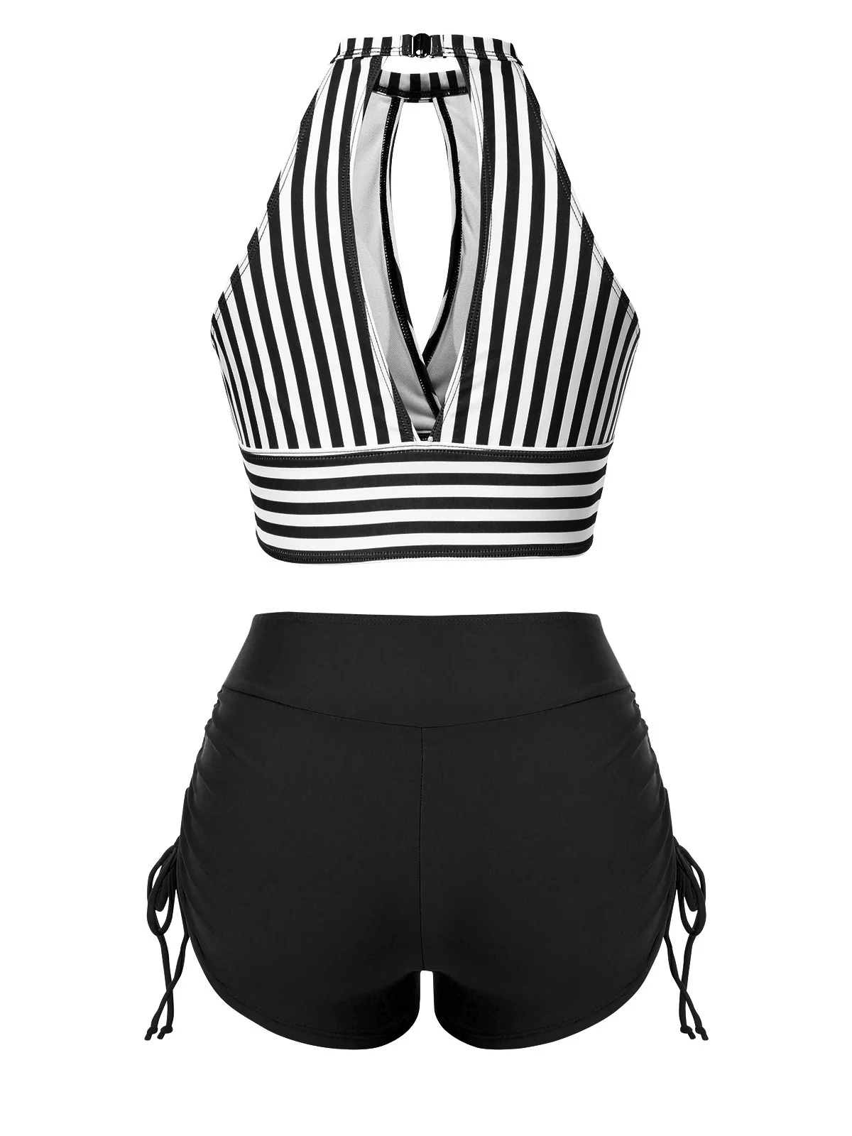 Olive Green 1950s Round Neck Halter Hollow Striped Swimsuit - Image 6