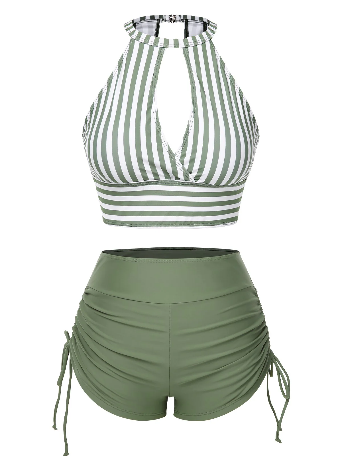 Olive Green 1950s Round Neck Halter Hollow Striped Swimsuit - Image 7