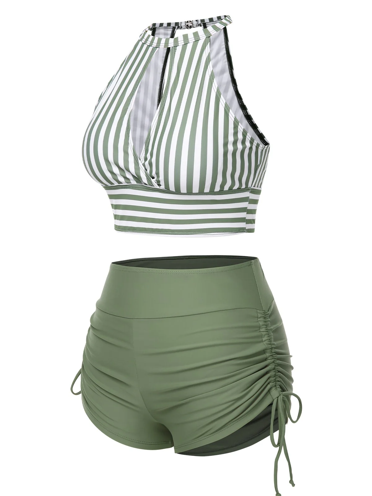 Olive Green 1950s Round Neck Halter Hollow Striped Swimsuit - Image 8