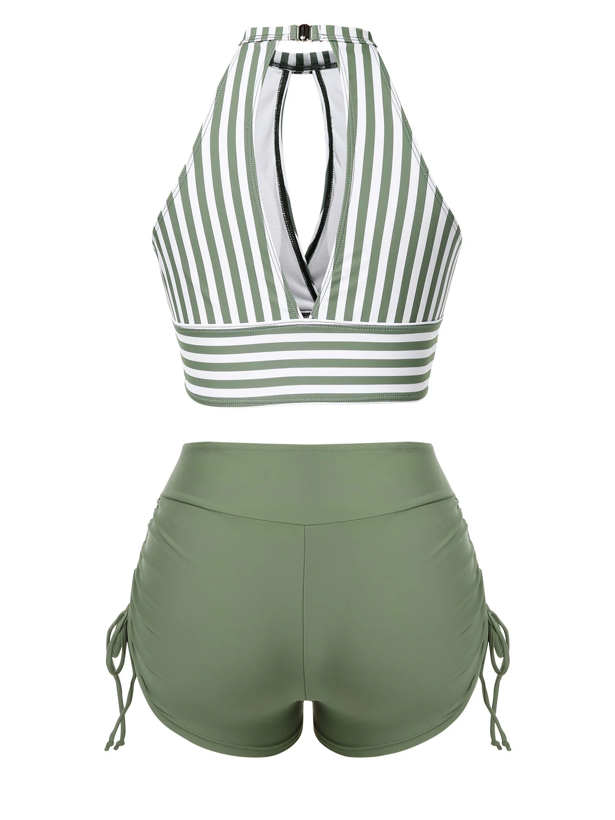 Olive Green 1950s Round Neck Halter Hollow Striped Swimsuit - Image 9
