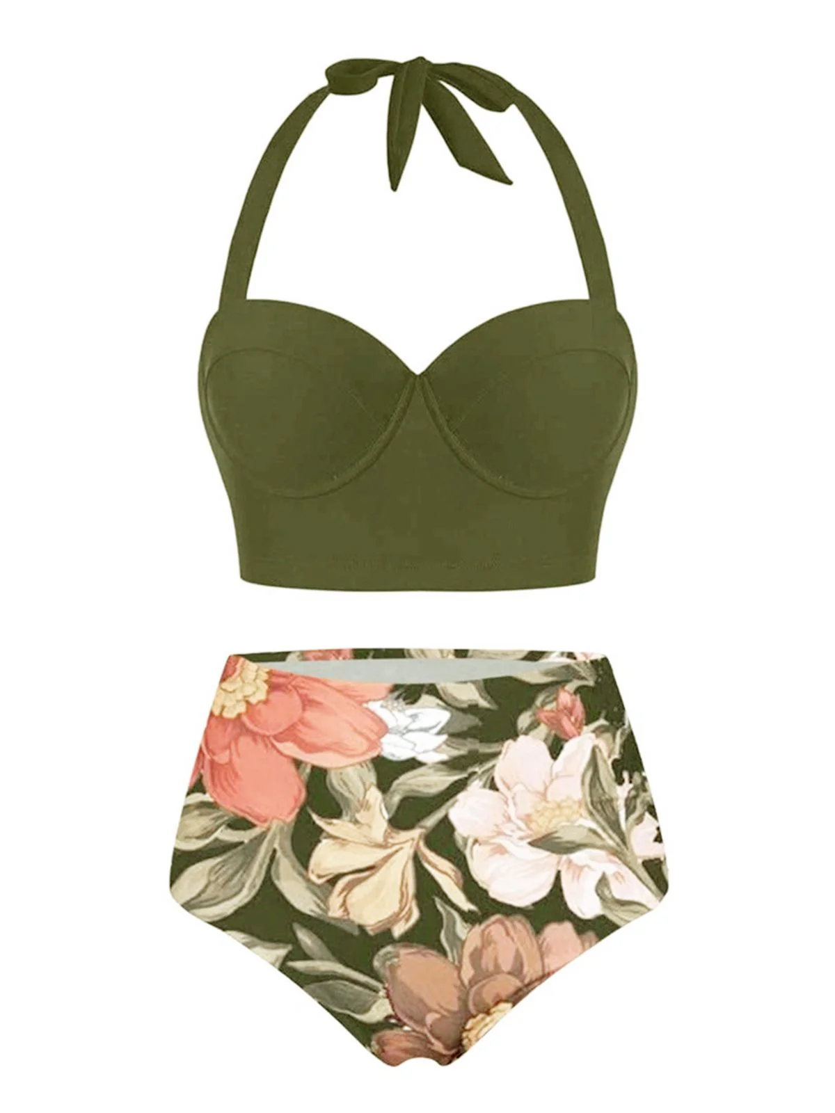 Olive Lace-Up Halter Flowers Bikini Set - Image 5