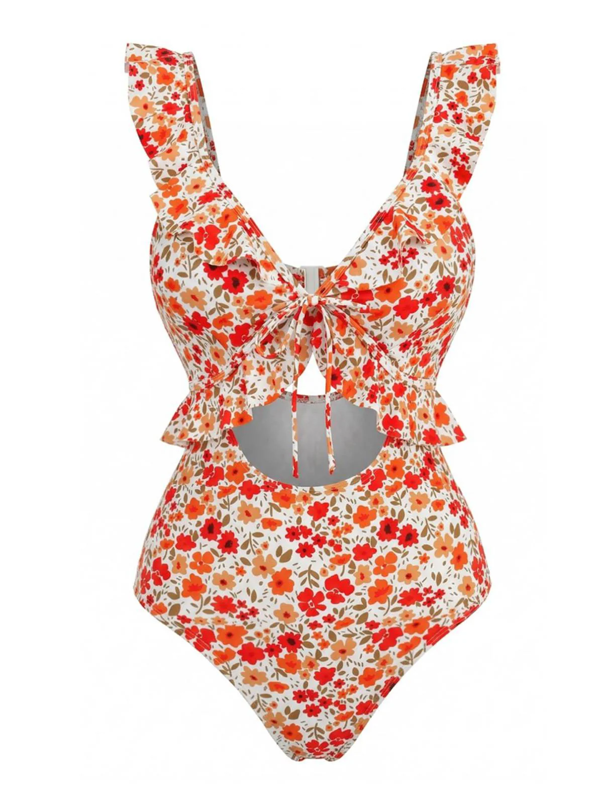 Orange 1940s Floral Ruffled Cutout One-Piece Swimsuit - Image 2