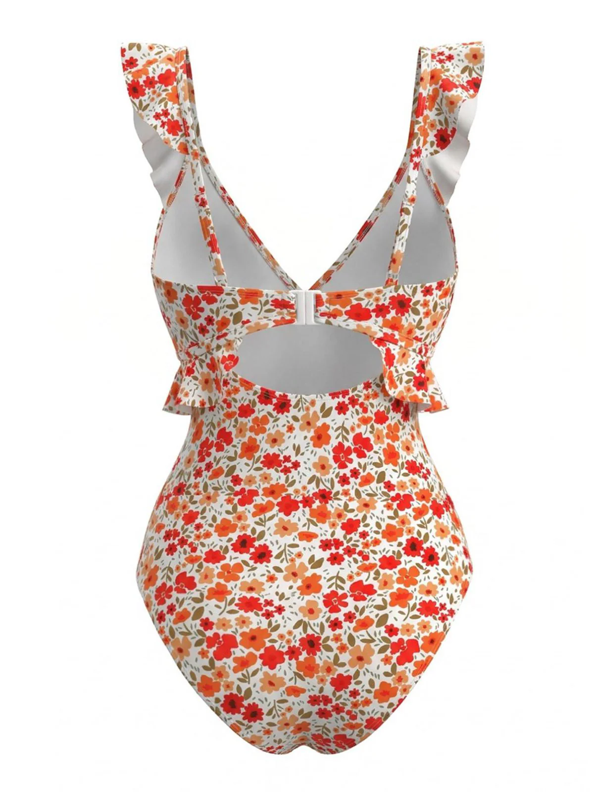Orange 1940s Floral Ruffled Cutout One-Piece Swimsuit - Image 3
