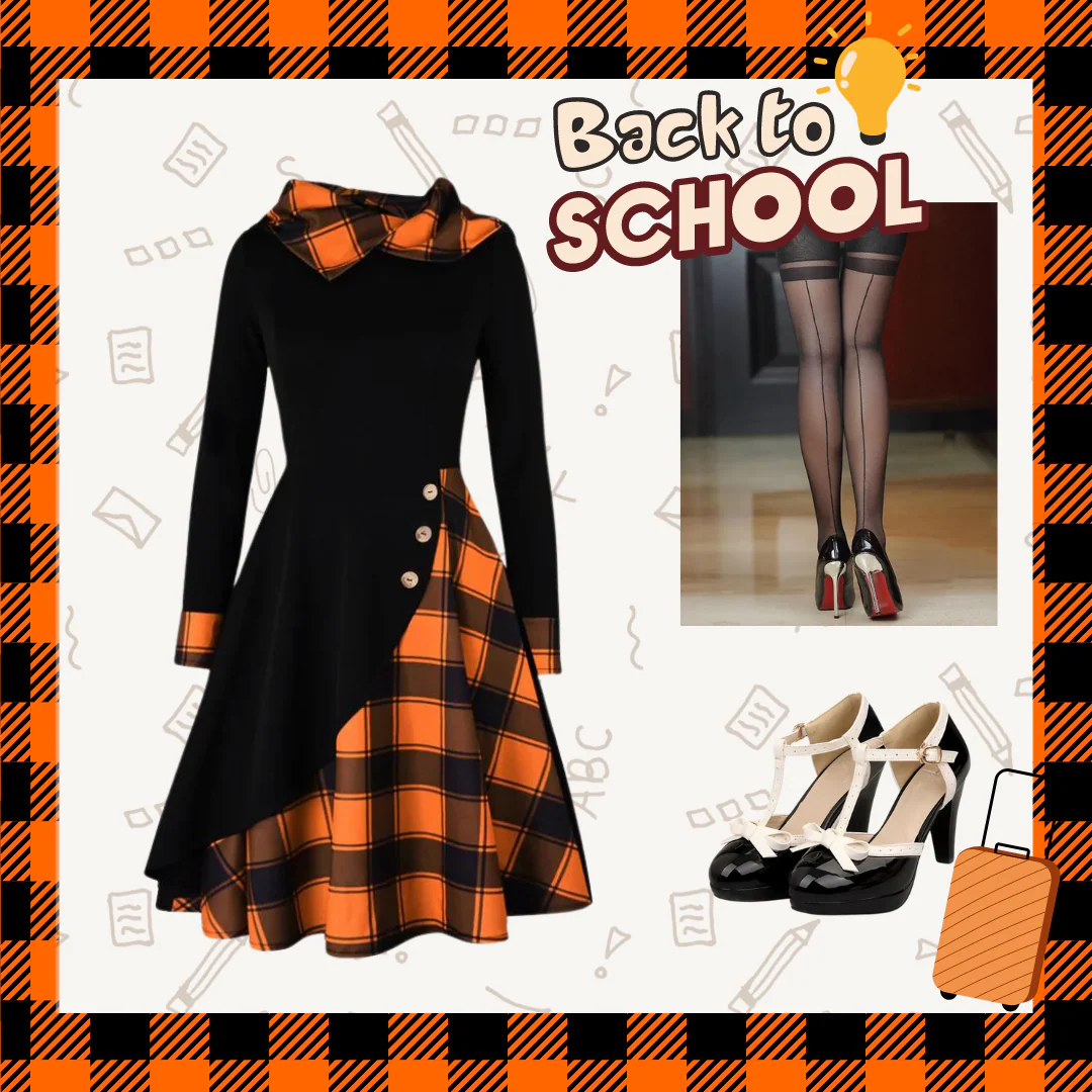 Orange 1950s Plaids Hooded Patchwork Dress