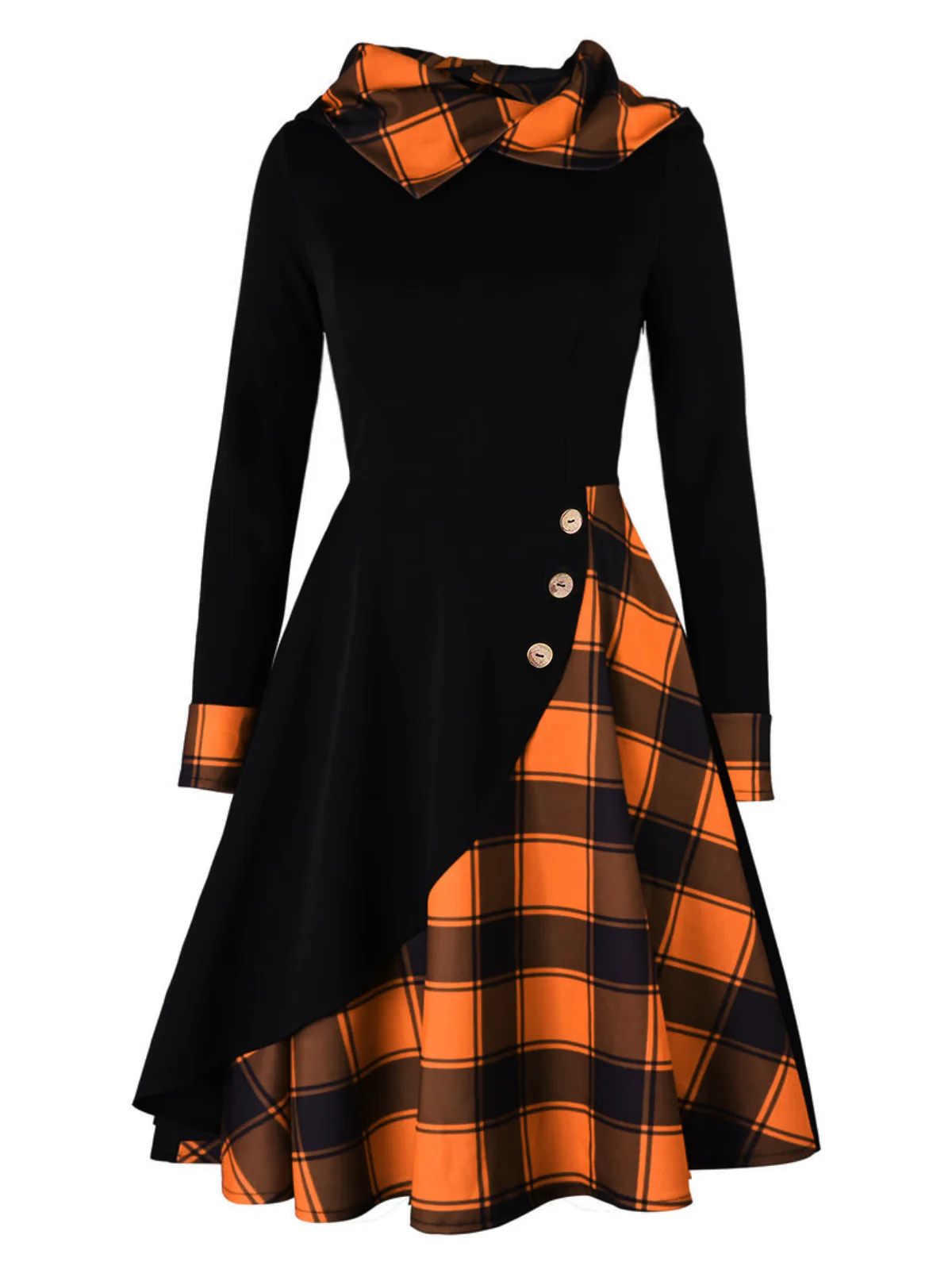 Orange 1950s Plaids Hooded Patchwork Dress - Image 2