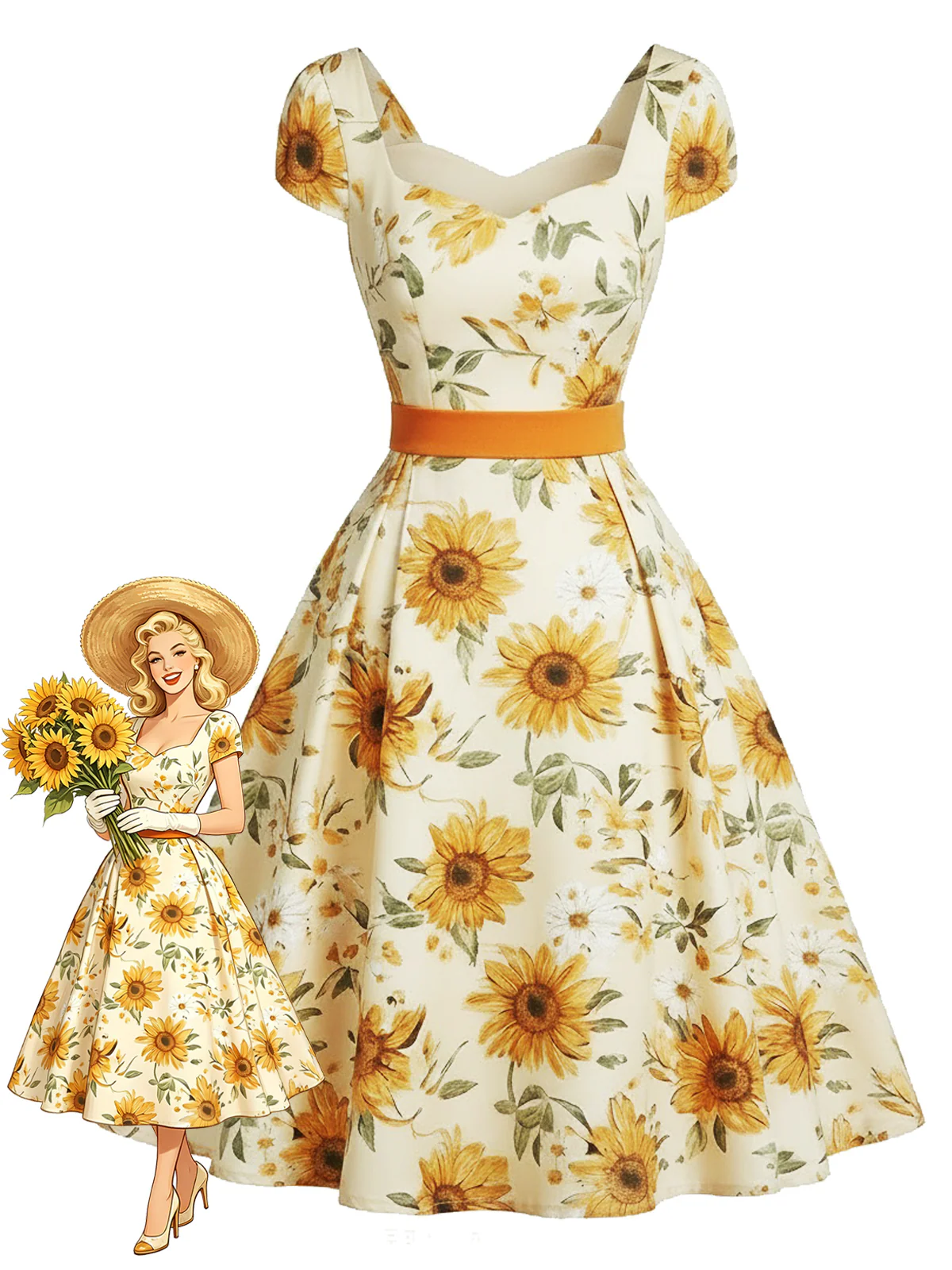 [Pre-Sale] Orange 1950s Sunflower Sweetheart Neck Dress