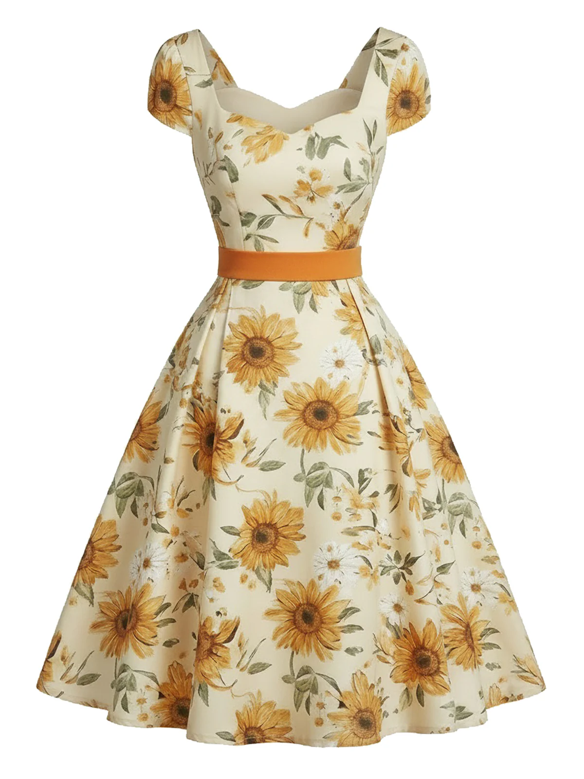 [Pre-Sale] Orange 1950s Sunflower Sweetheart Neck Dress - Image 2