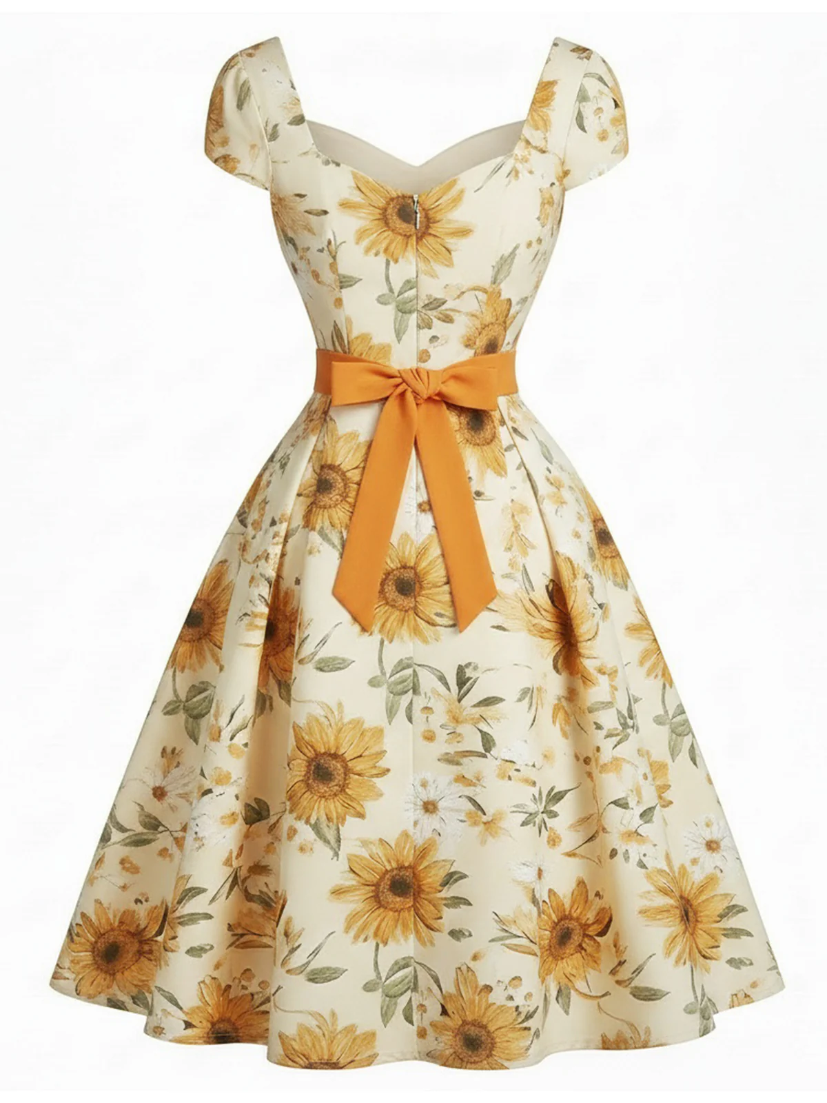 [Pre-Sale] Orange 1950s Sunflower Sweetheart Neck Dress - Image 3