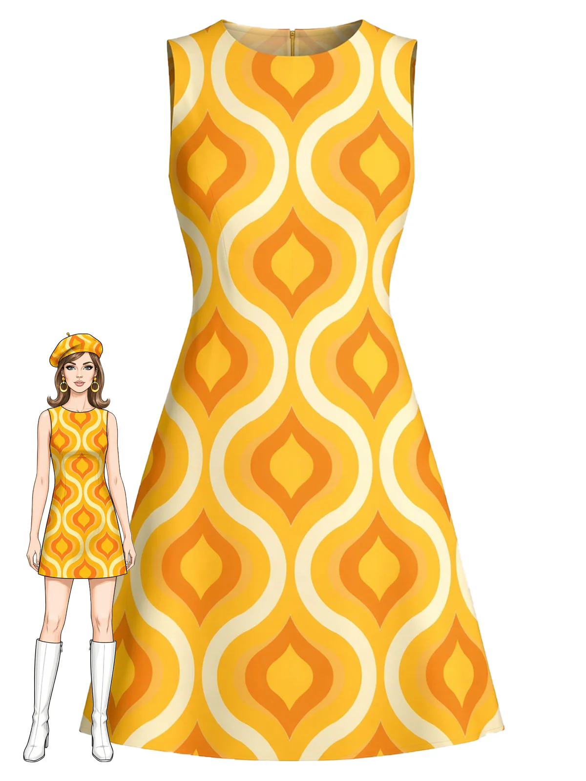 [Pre-Sale] Orange 1960s Mod Geometric Print Sleeveless A-Line Dress