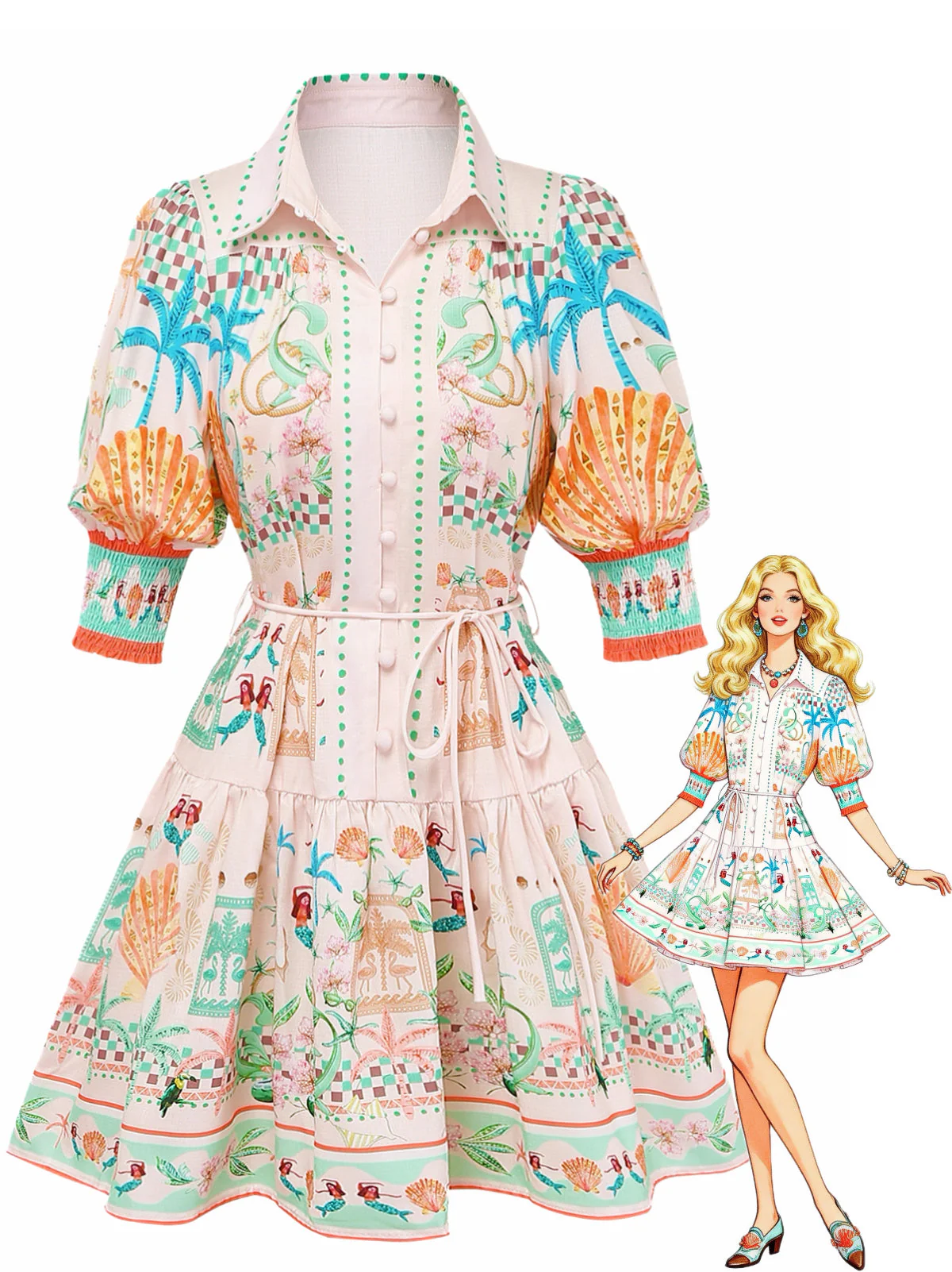 Orange 1970s Boho Pastel Print Button Tie-Waist Dress