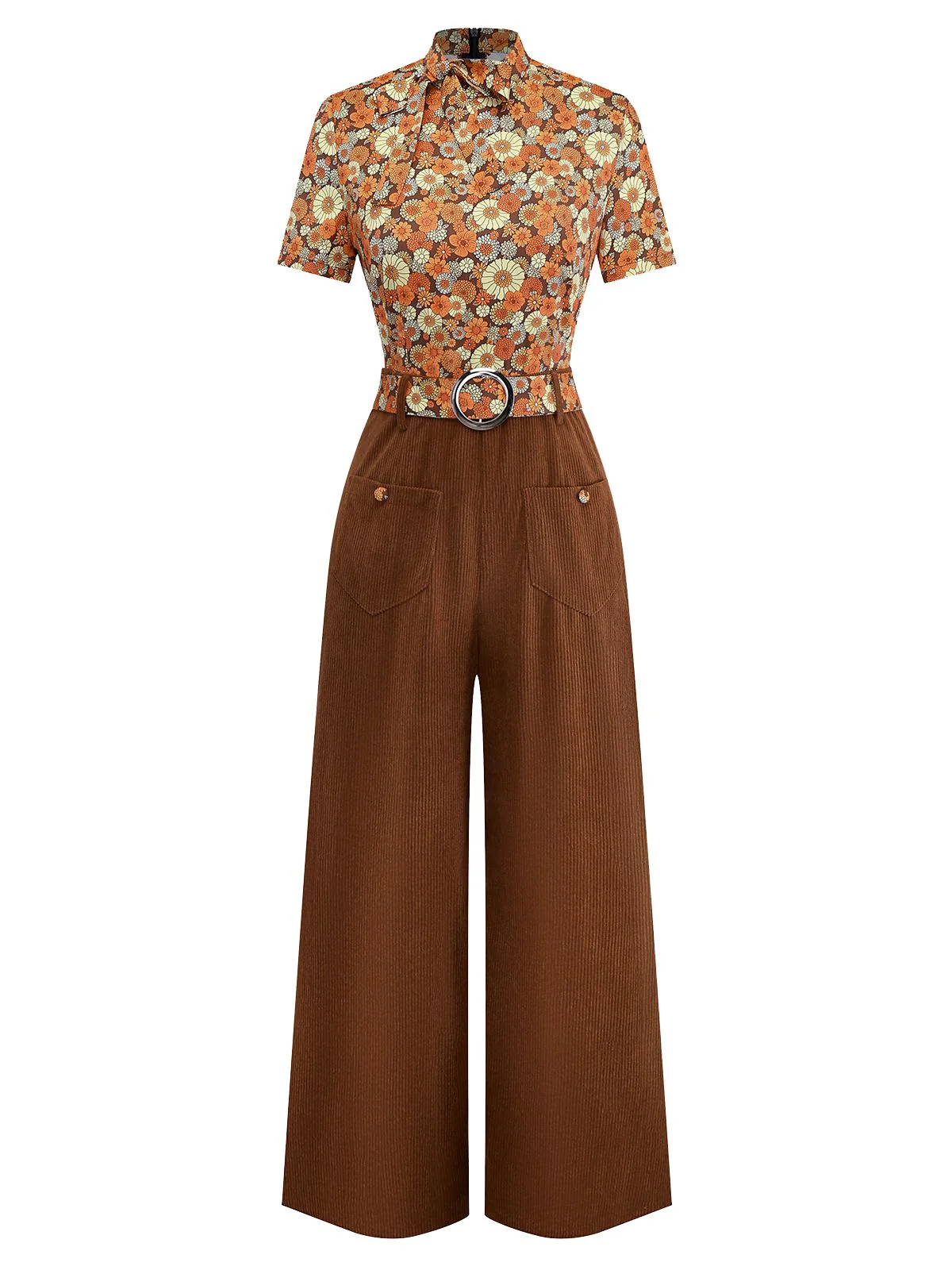 Orange 1970s Daisy Corduroy Patchwork Tie Neck Jumpsuit - Image 2