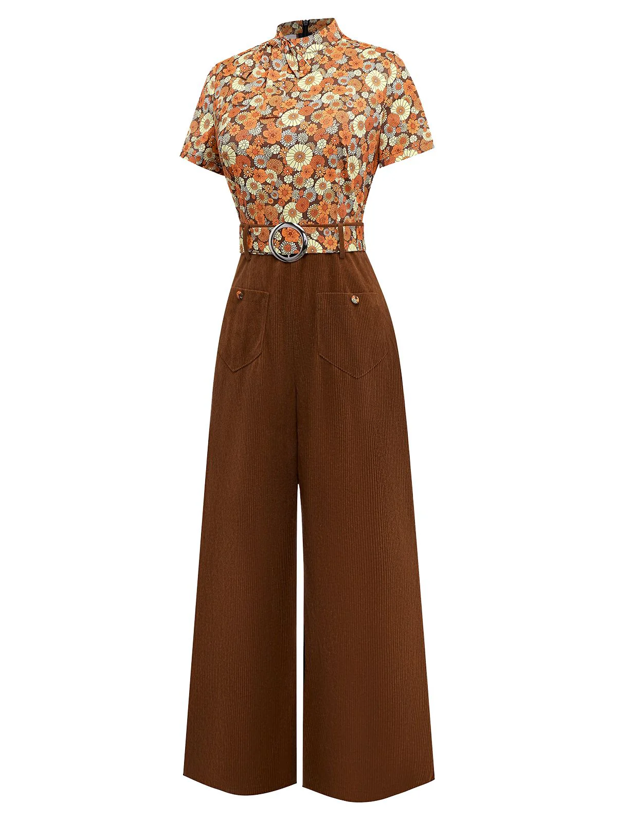 Orange 1970s Daisy Corduroy Patchwork Tie Neck Jumpsuit - Image 3