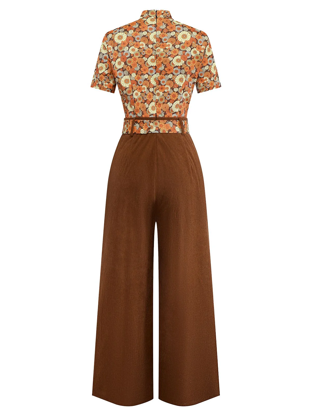 Orange 1970s Daisy Corduroy Patchwork Tie Neck Jumpsuit - Image 4