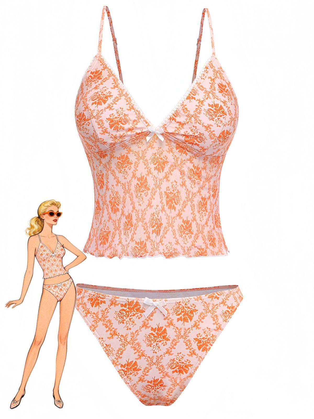 Orange 1970s Deep V-Neck Floral Print Tankini Set