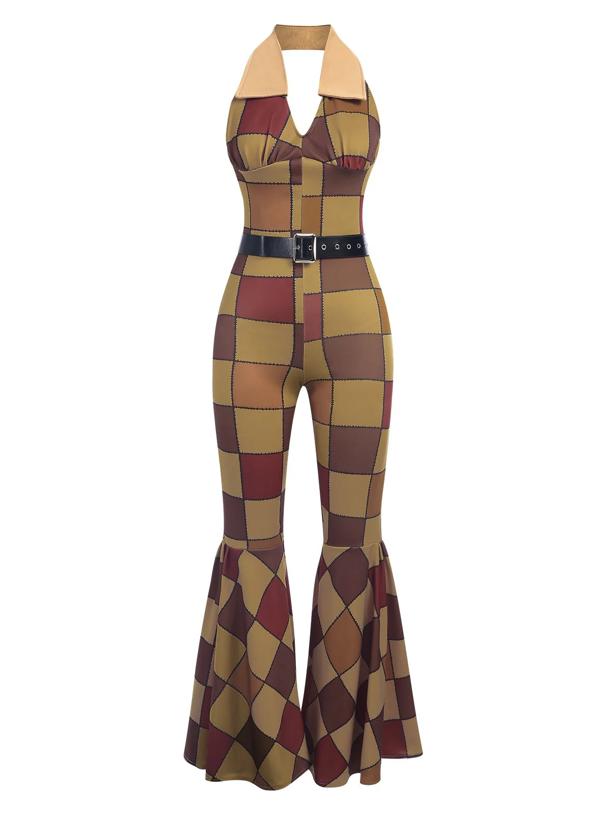 Pink 1970s Geometric Pattern Patchwork Halter Jumpsuit - Image 3