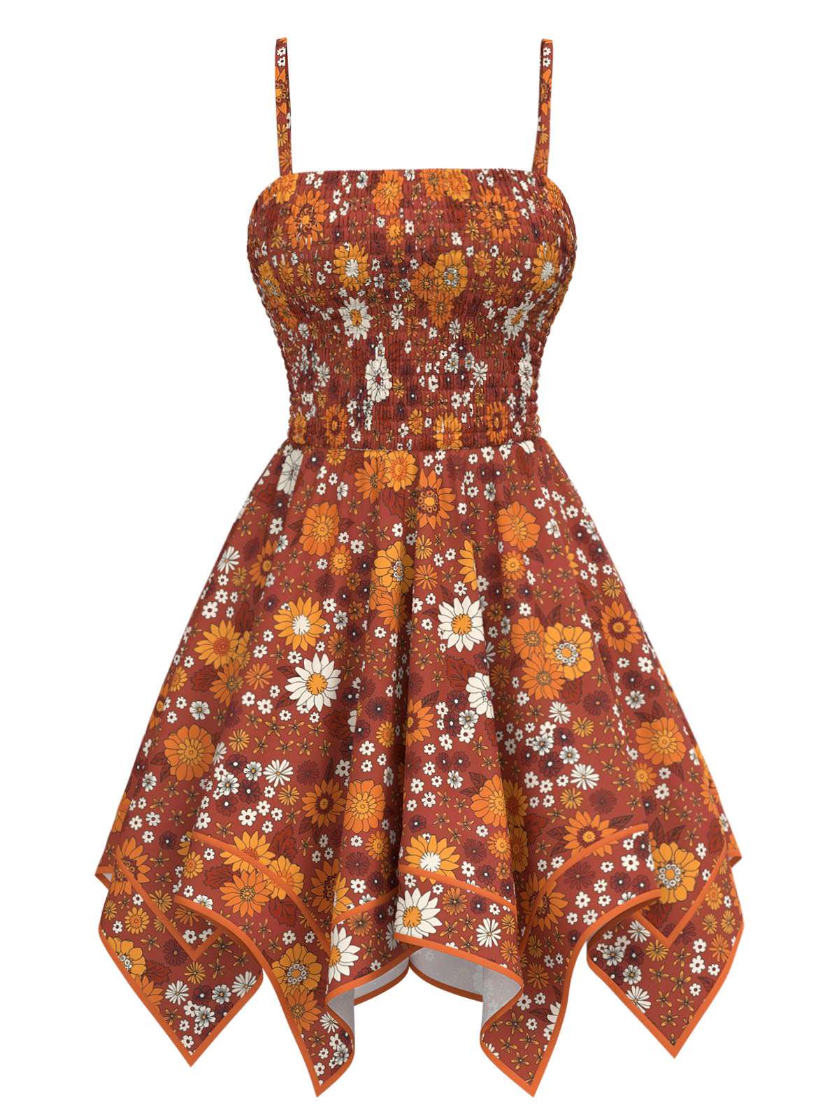 Orange 1970s Hippie Floral Irregular Hem Strap Dress