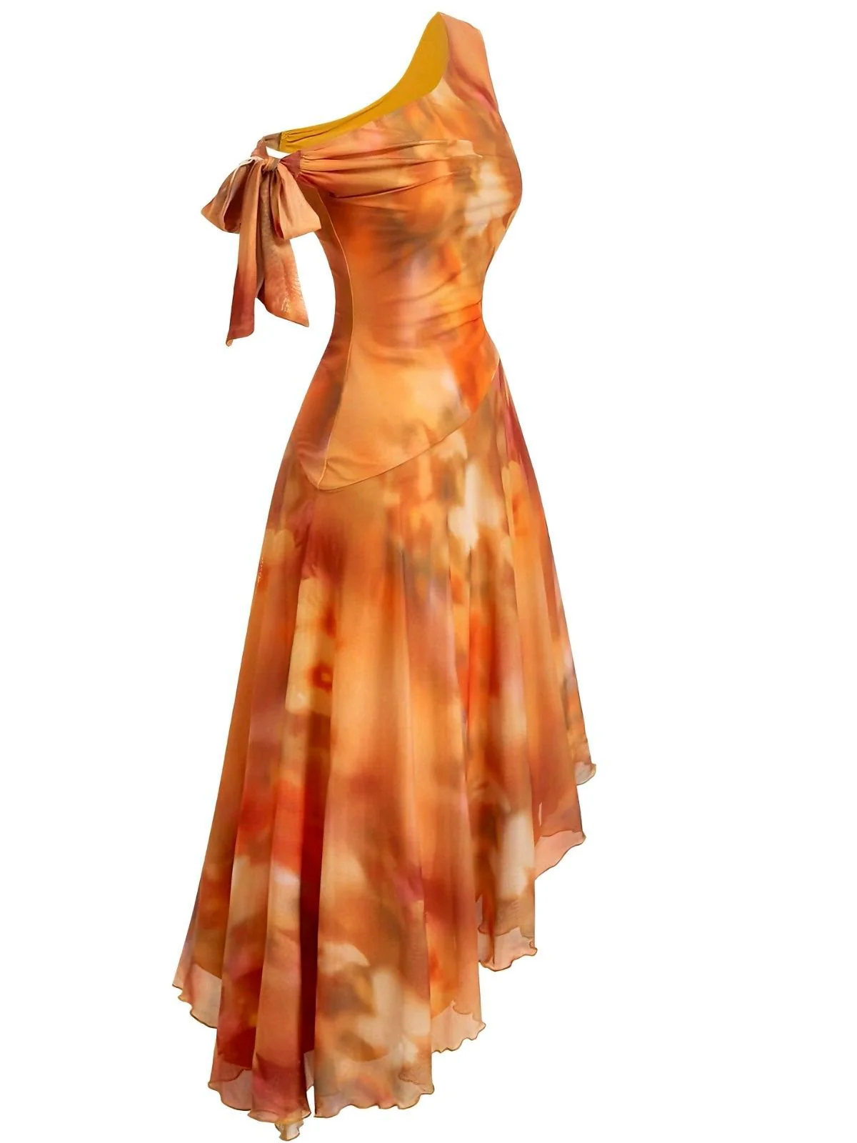 Orange 1970s One-Shoulder Mesh Asymmetrical Hem Dress - Image 3