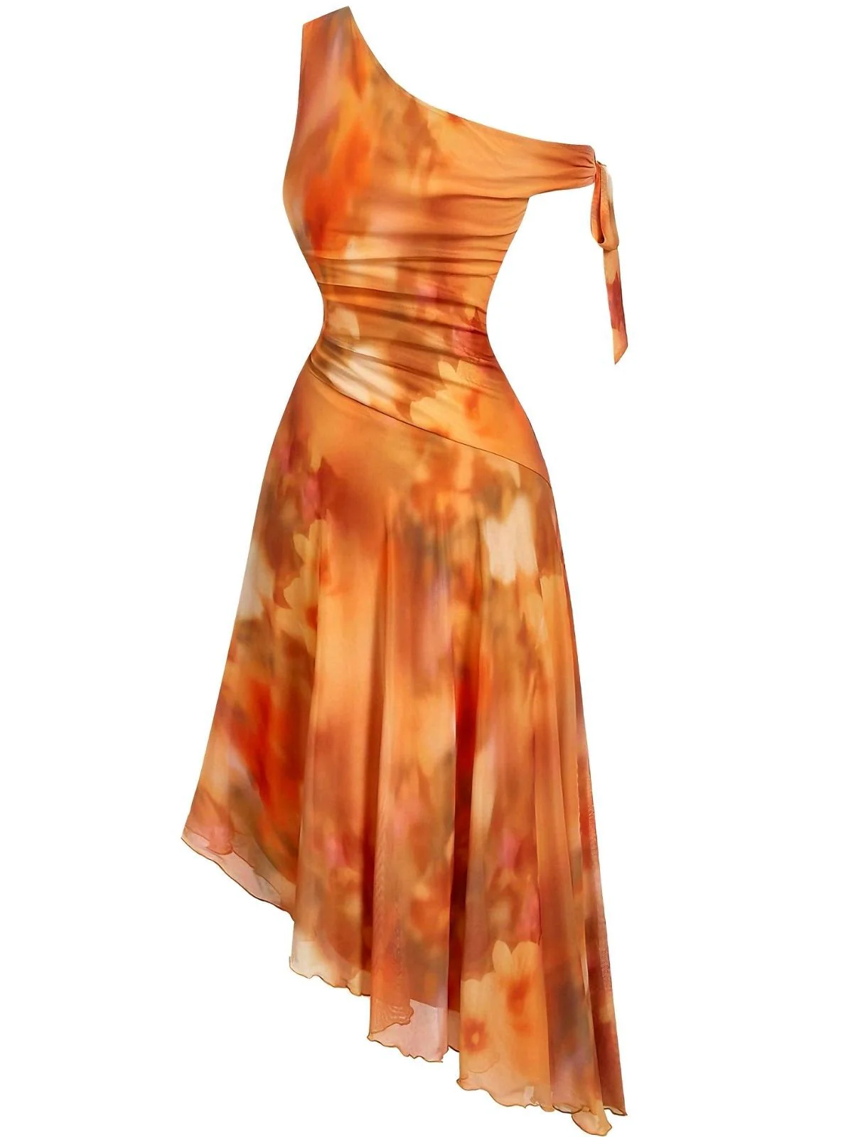 Orange 1970s One-Shoulder Mesh Asymmetrical Hem Dress - Image 4