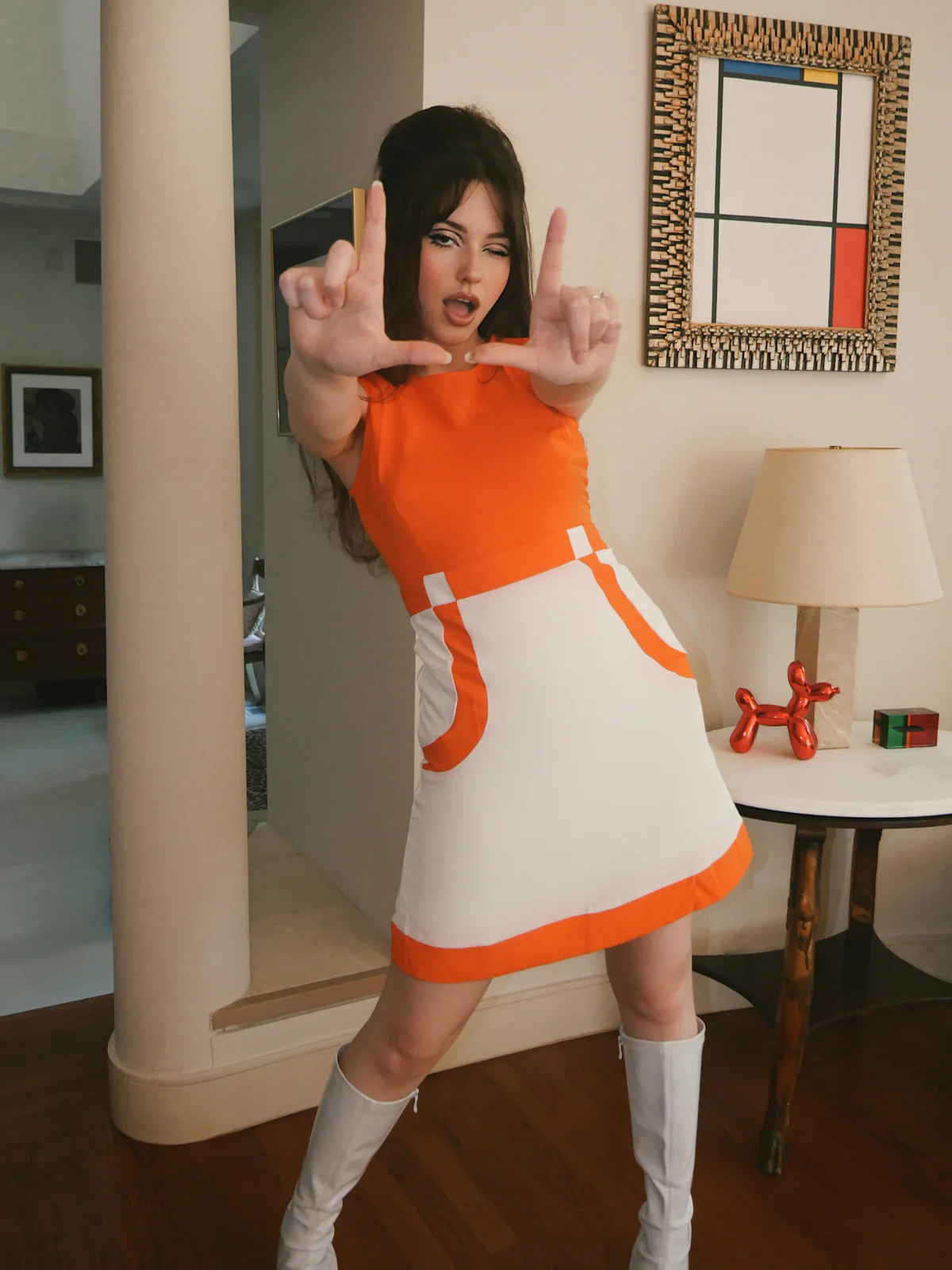 Orange & White 1960s Colorblock Sleeveless Mod Dress - Image 2