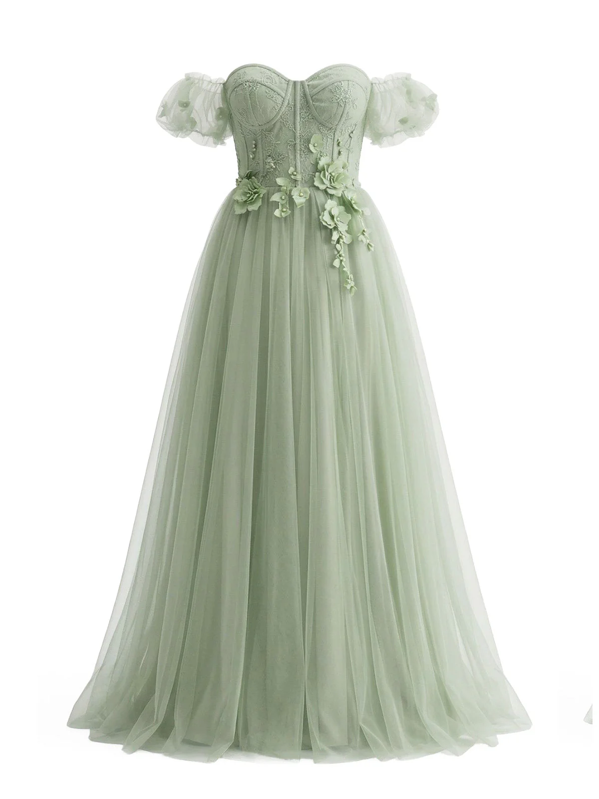 Pale Green 1930s Floral Mesh Off-Shoulder Swing Dress